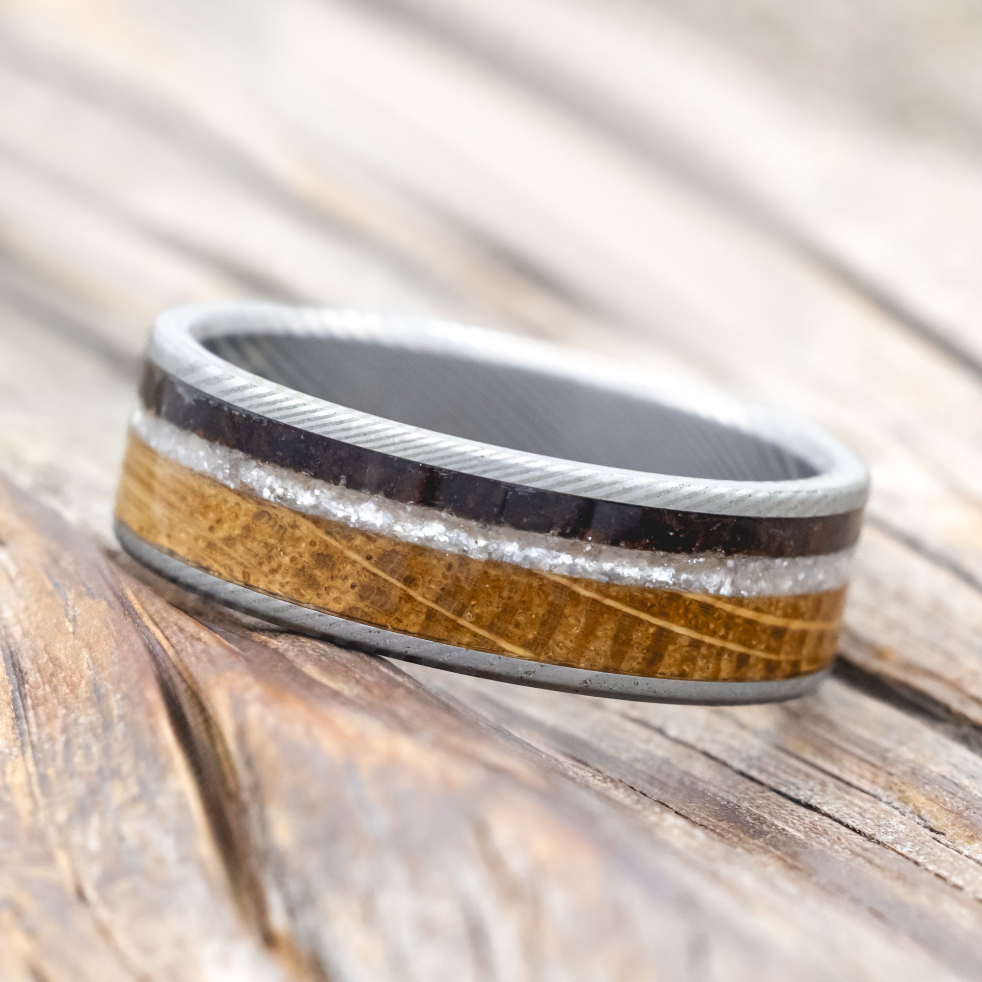 "RAINIER" - DIAMOND DUST, WHISKEY BARREL & COFFEE INLAY WEDDING BAND-Staghead Designs