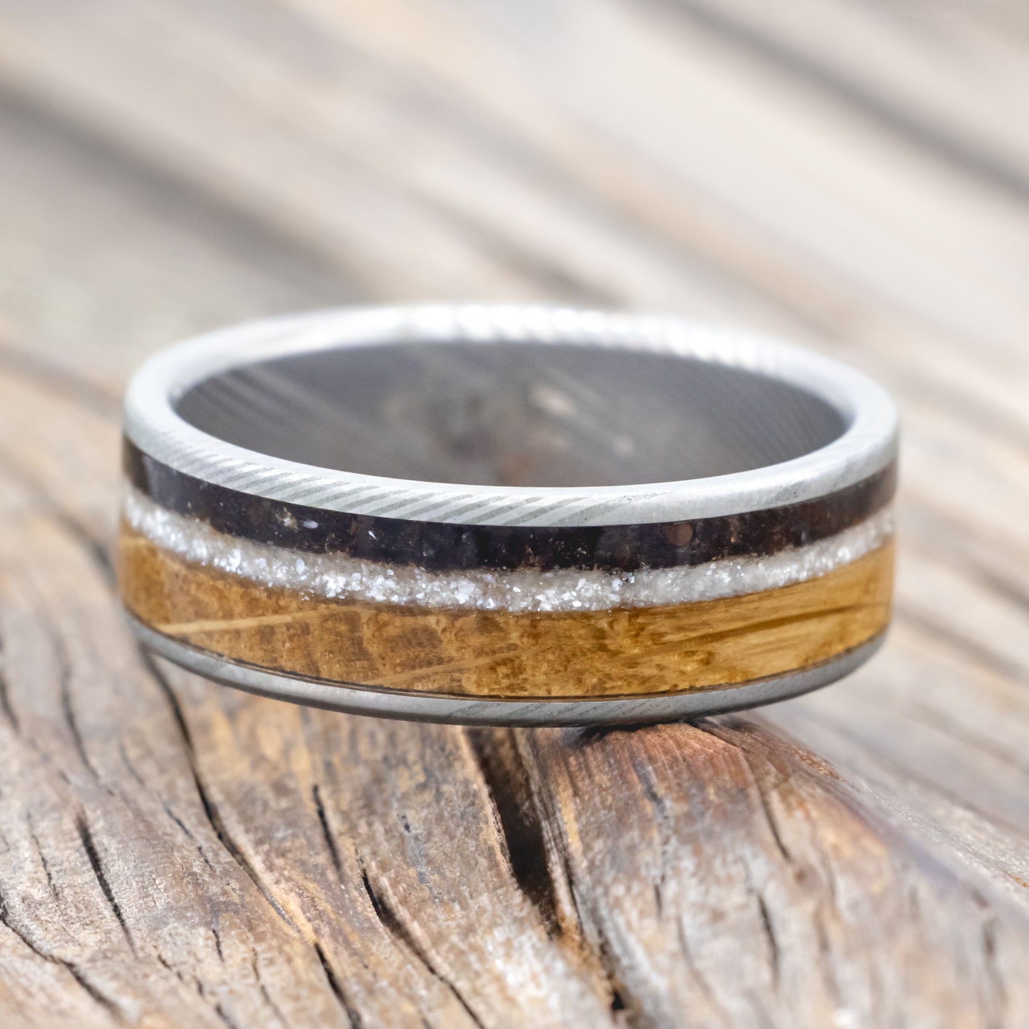"RAINIER" - DIAMOND DUST, WHISKEY BARREL & COFFEE INLAY WEDDING BAND-Staghead Designs