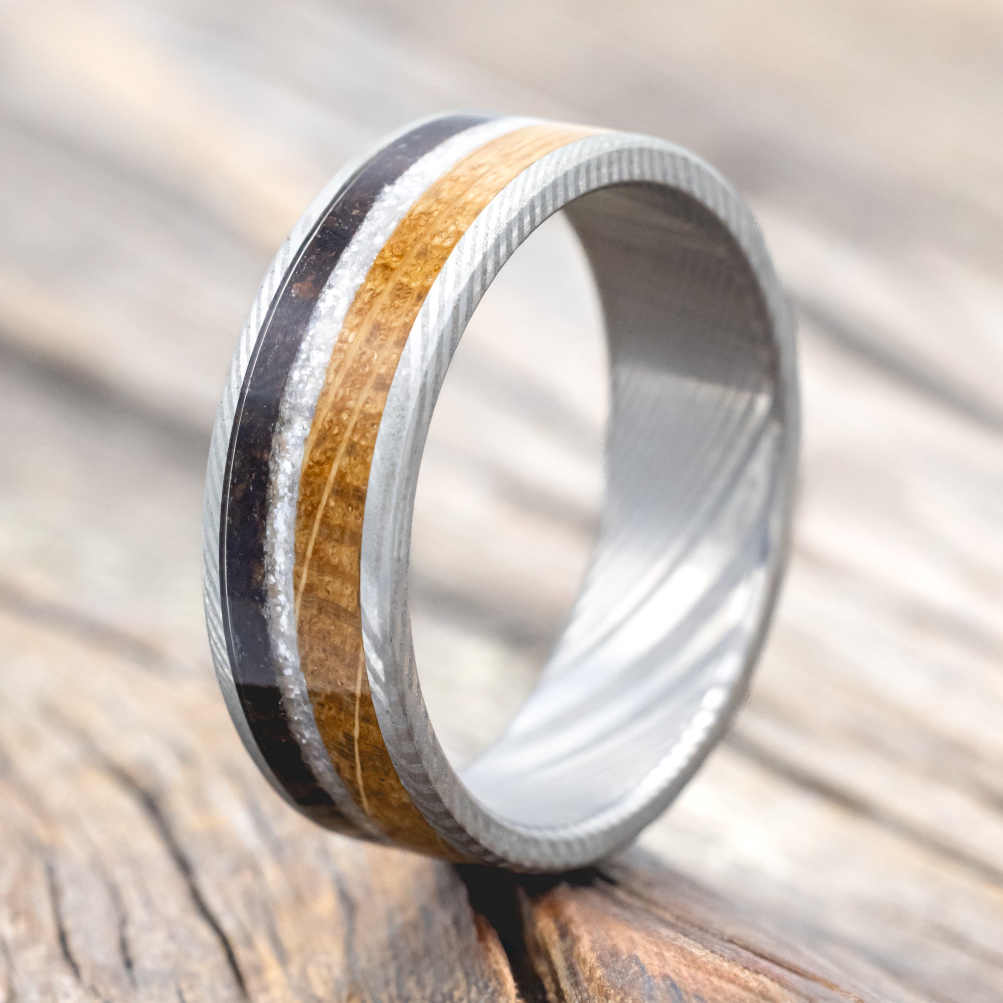 "RAINIER" - DIAMOND DUST, WHISKEY BARREL & COFFEE INLAY WEDDING BAND-Staghead Designs
