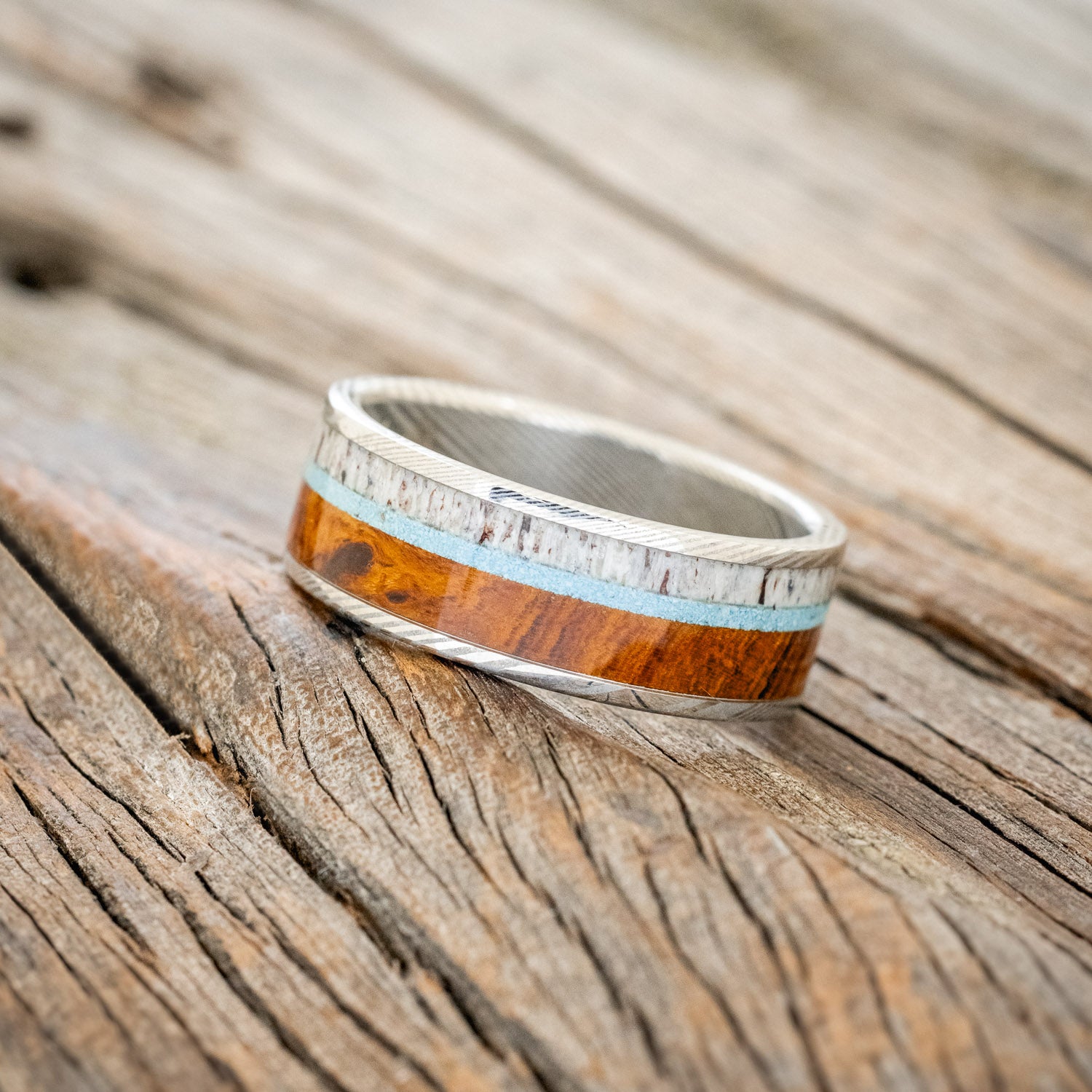 "RAINIER" - ANTLER, IRONWOOD & TURQUOISE WEDDING BAND - READY TO SHIP-9