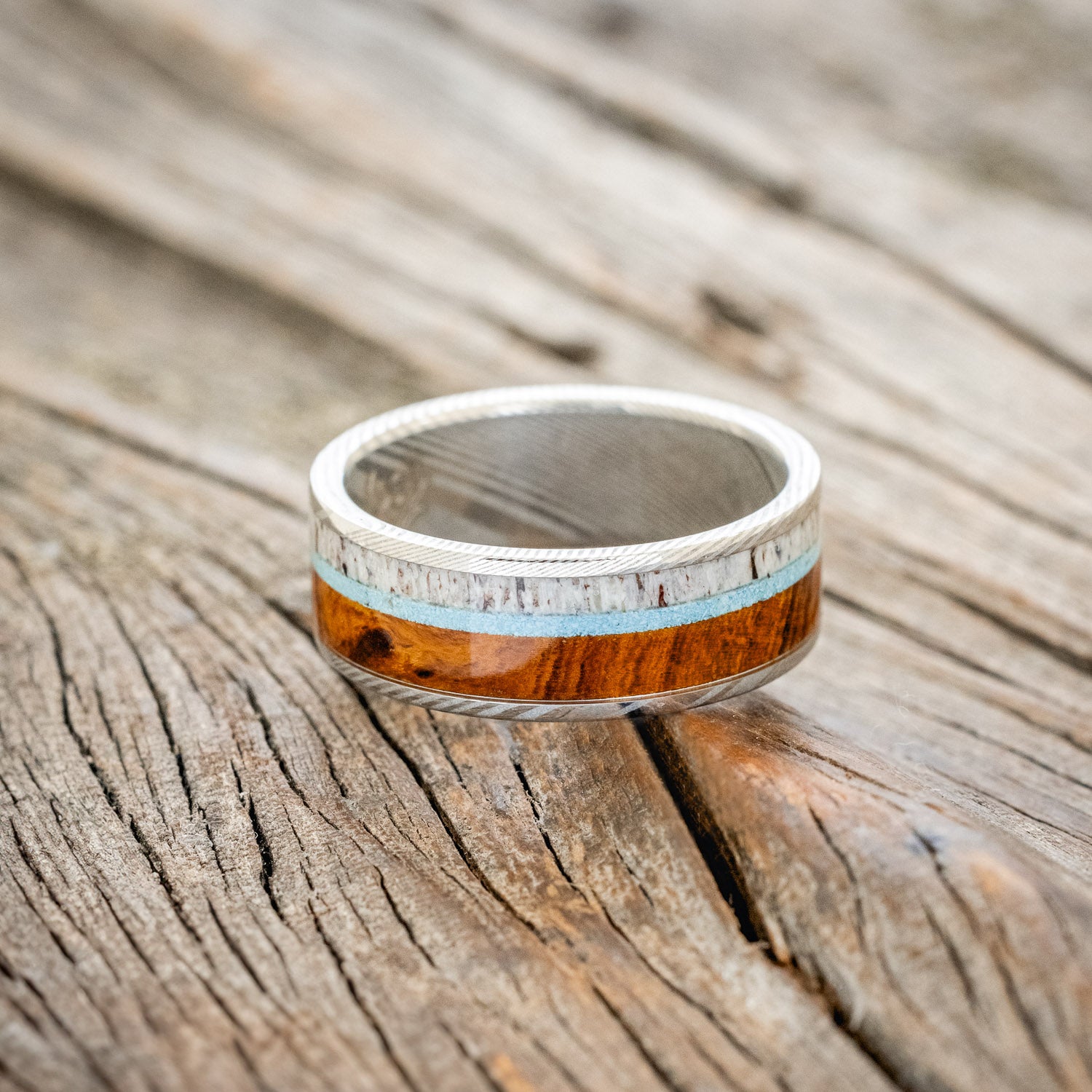 "RAINIER" - ANTLER, IRONWOOD & TURQUOISE WEDDING BAND - READY TO SHIP-10