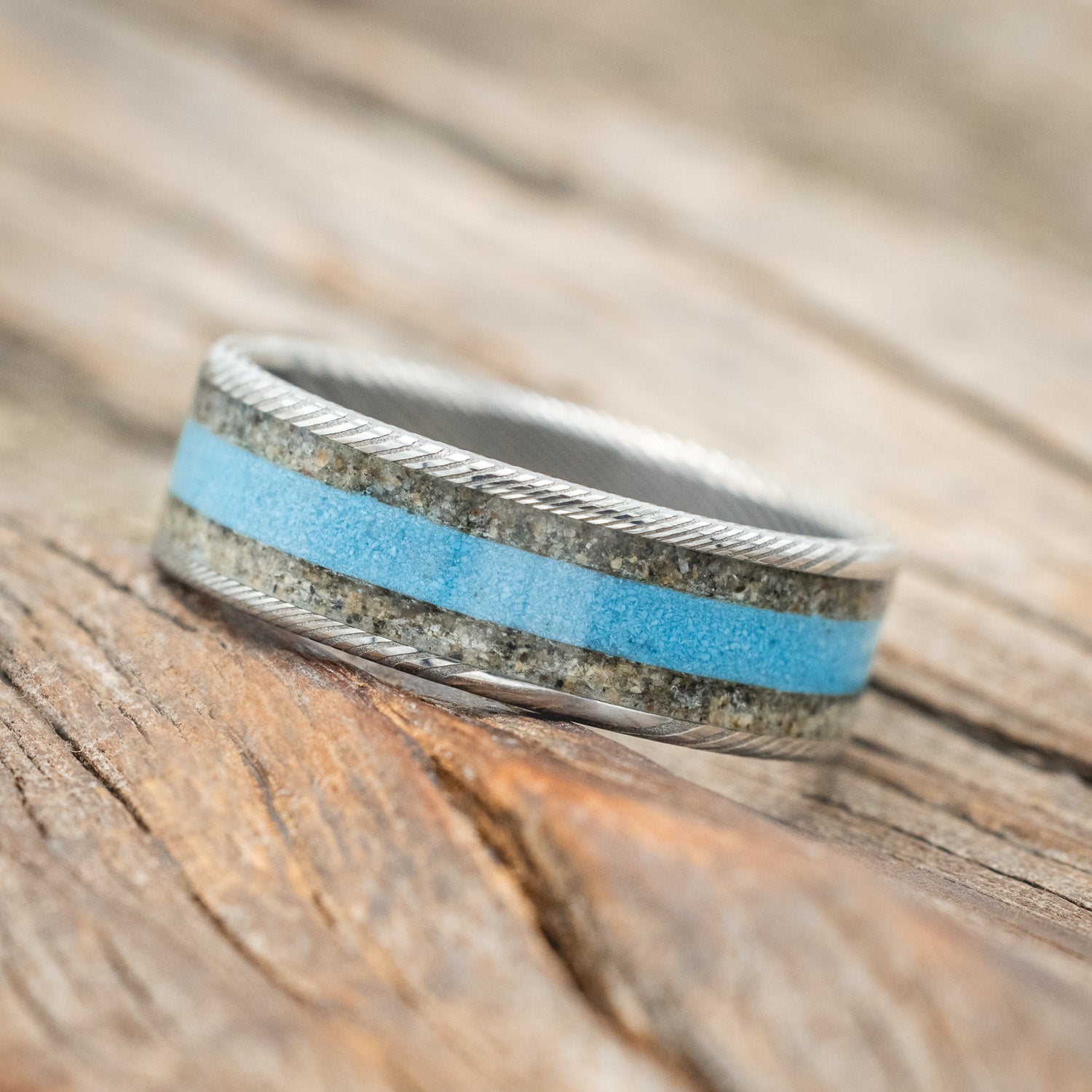 "RAINIER" - SAND & TURQUOISE INLAY WEDDING RING-Staghead Designs