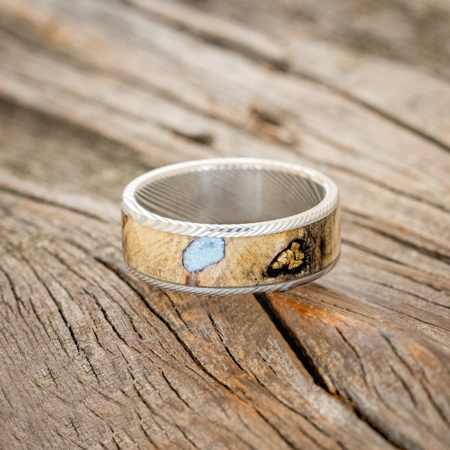 "RAINIER" - BUCKEYE BURL WOOD, GOLD NUGGETS & TURQUOISE WEDDING BAND-9