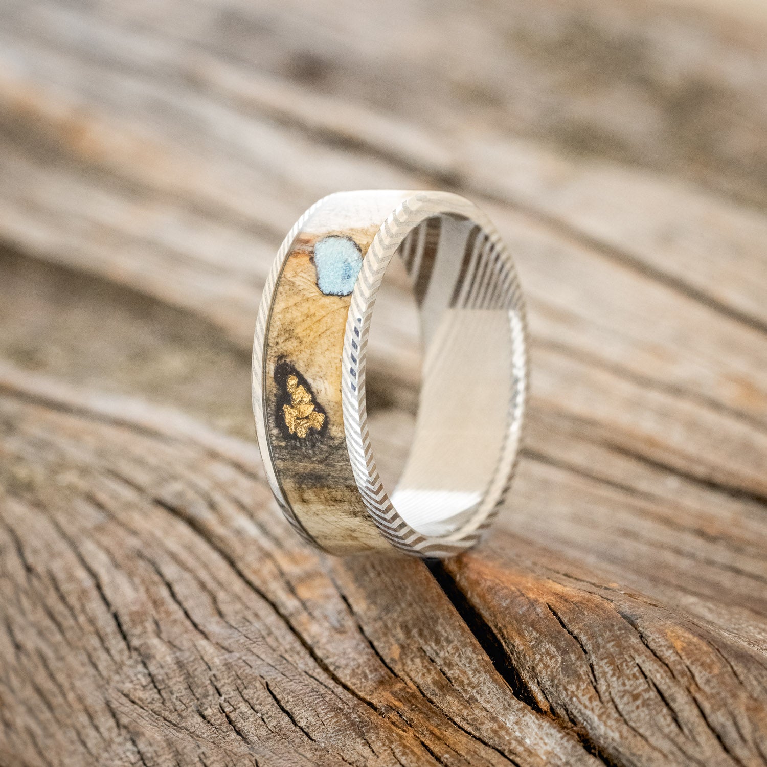 "RAINIER" - BUCKEYE BURL WOOD, GOLD NUGGETS & TURQUOISE WEDDING BAND-7