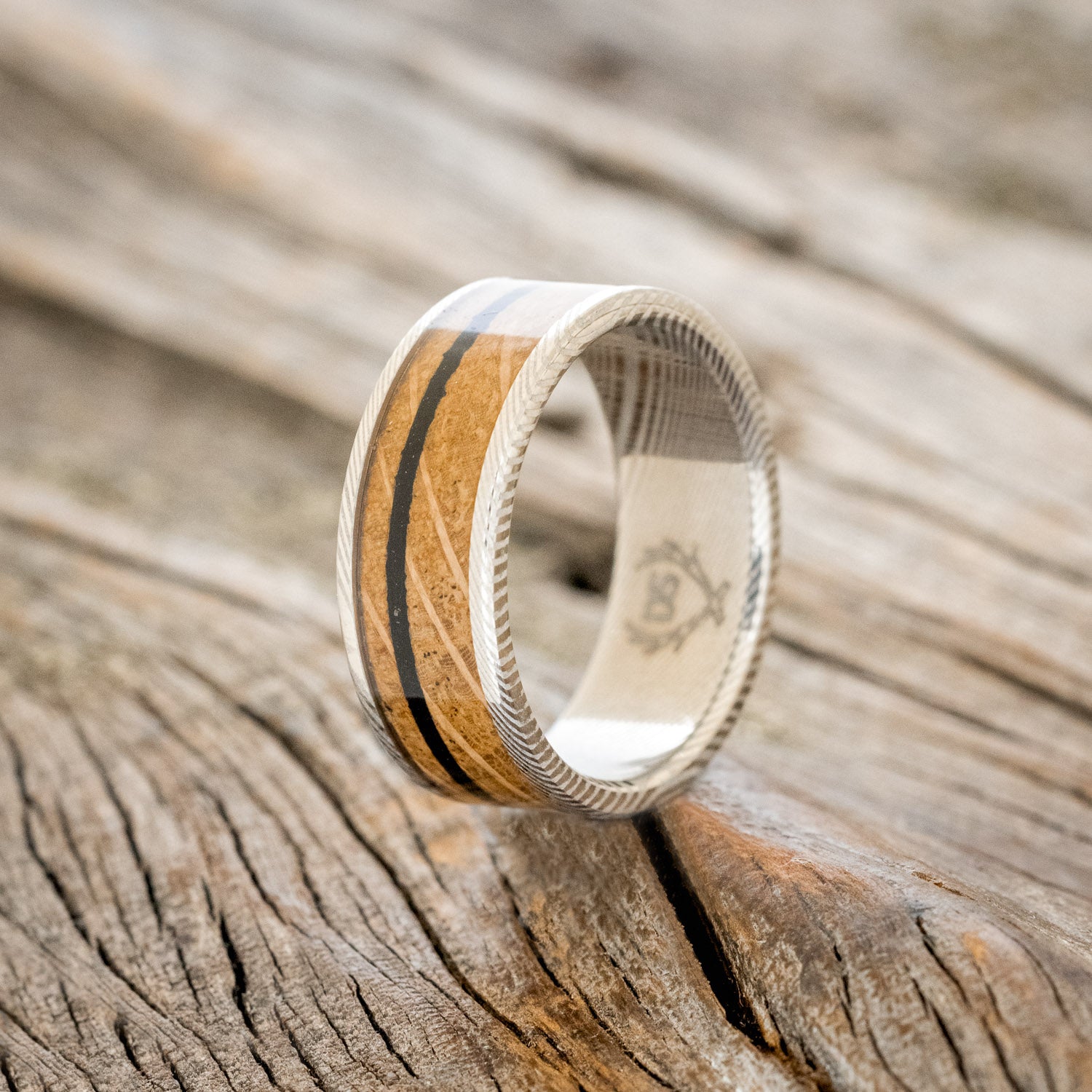 "RAINIER" - WHISKEY BARREL & OFFSET CHARRED WHISKEY BARREL WEDDING BAND - READY TO SHIP-7
