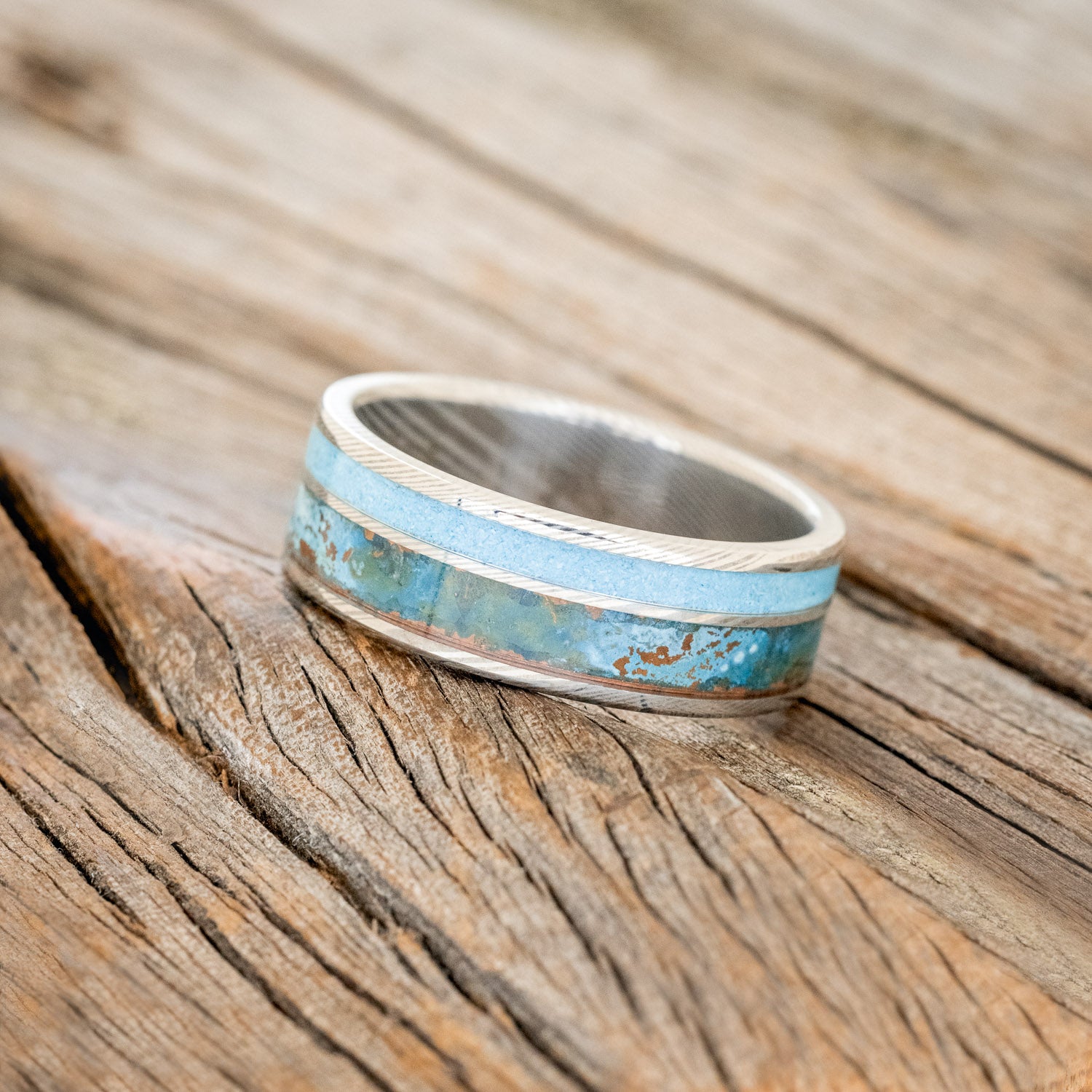 "RAPTOR" - PATINA COPPER & TURQUOISE WEDDING BAND-8