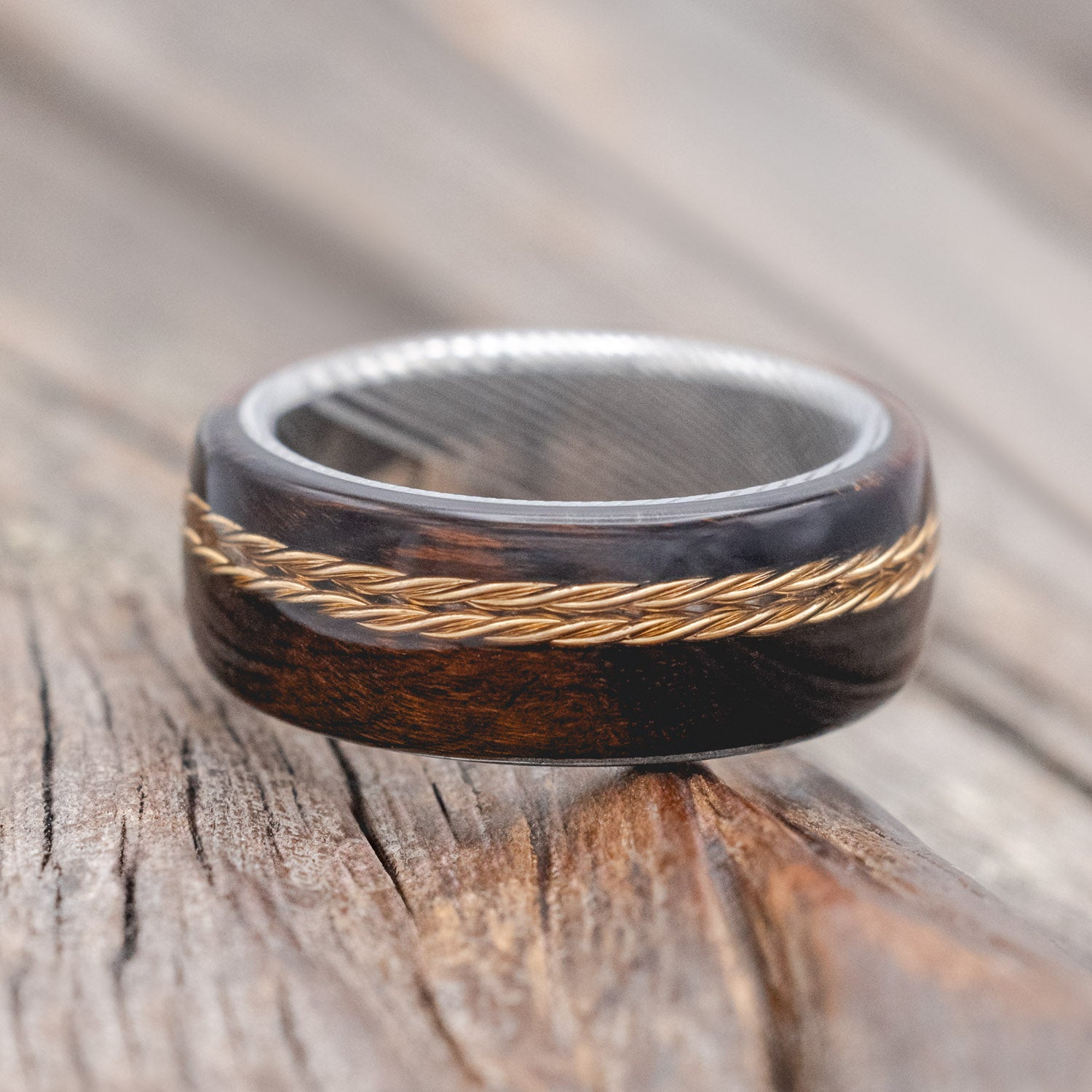 "REMMY" - IRONWOOD & OFFSET TWISTED YELLOW BRASS WEDDING BAND-Staghead Designs