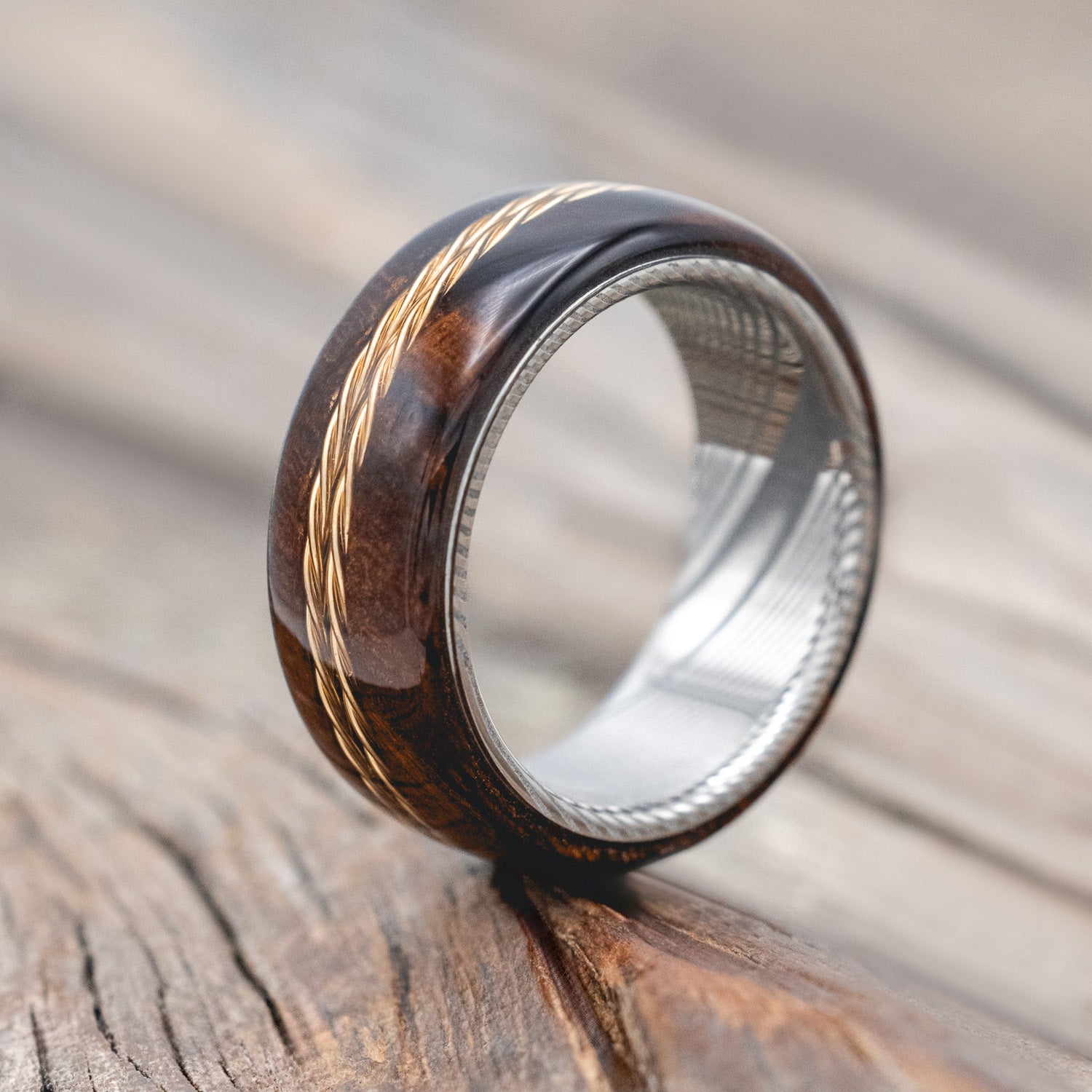 "REMMY" - IRONWOOD & OFFSET TWISTED YELLOW BRASS WEDDING BAND-Staghead Designs