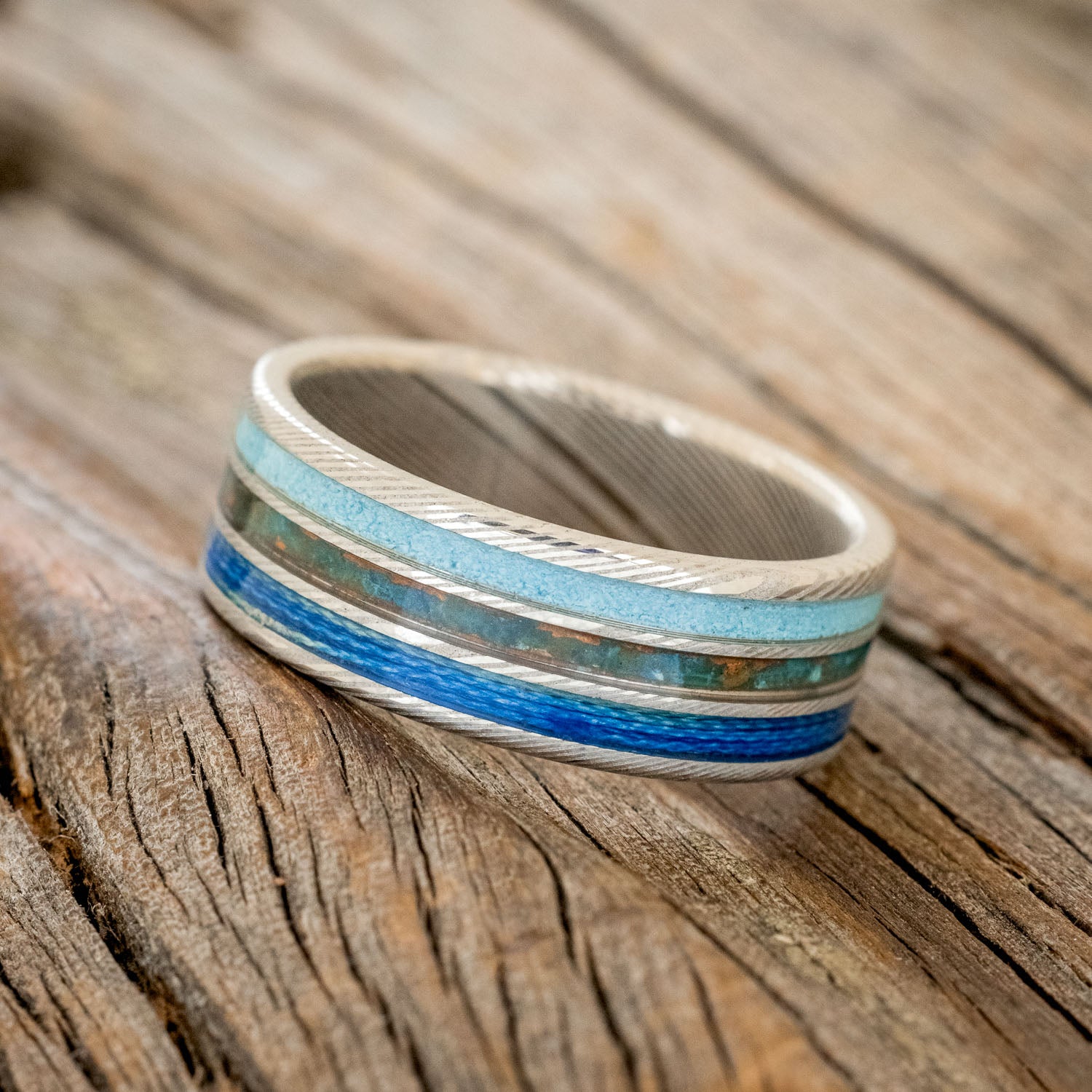 "RIO" - PATINA COPPER, TURQUOISE & BLUE FISHING LINE WEDDING BAND-Staghead Designs