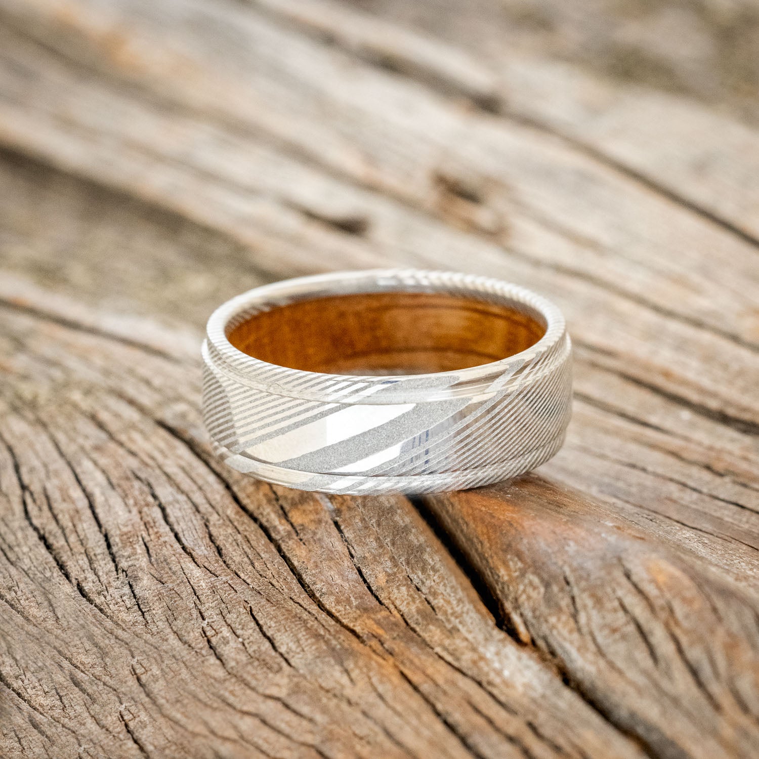 "SEDONA" - RAISED CENTER WEDDING BAND WITH WHISKEY BARREL LINING-13