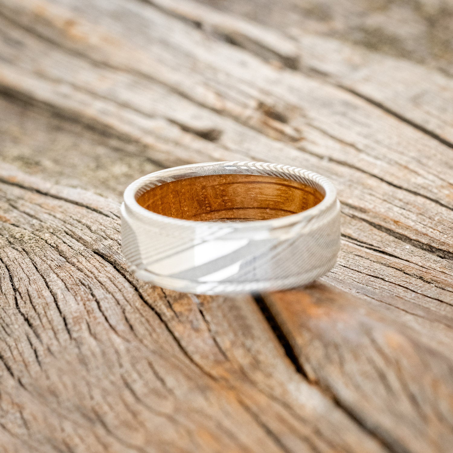"SEDONA" - RAISED CENTER WEDDING BAND WITH WHISKEY BARREL LINING-16