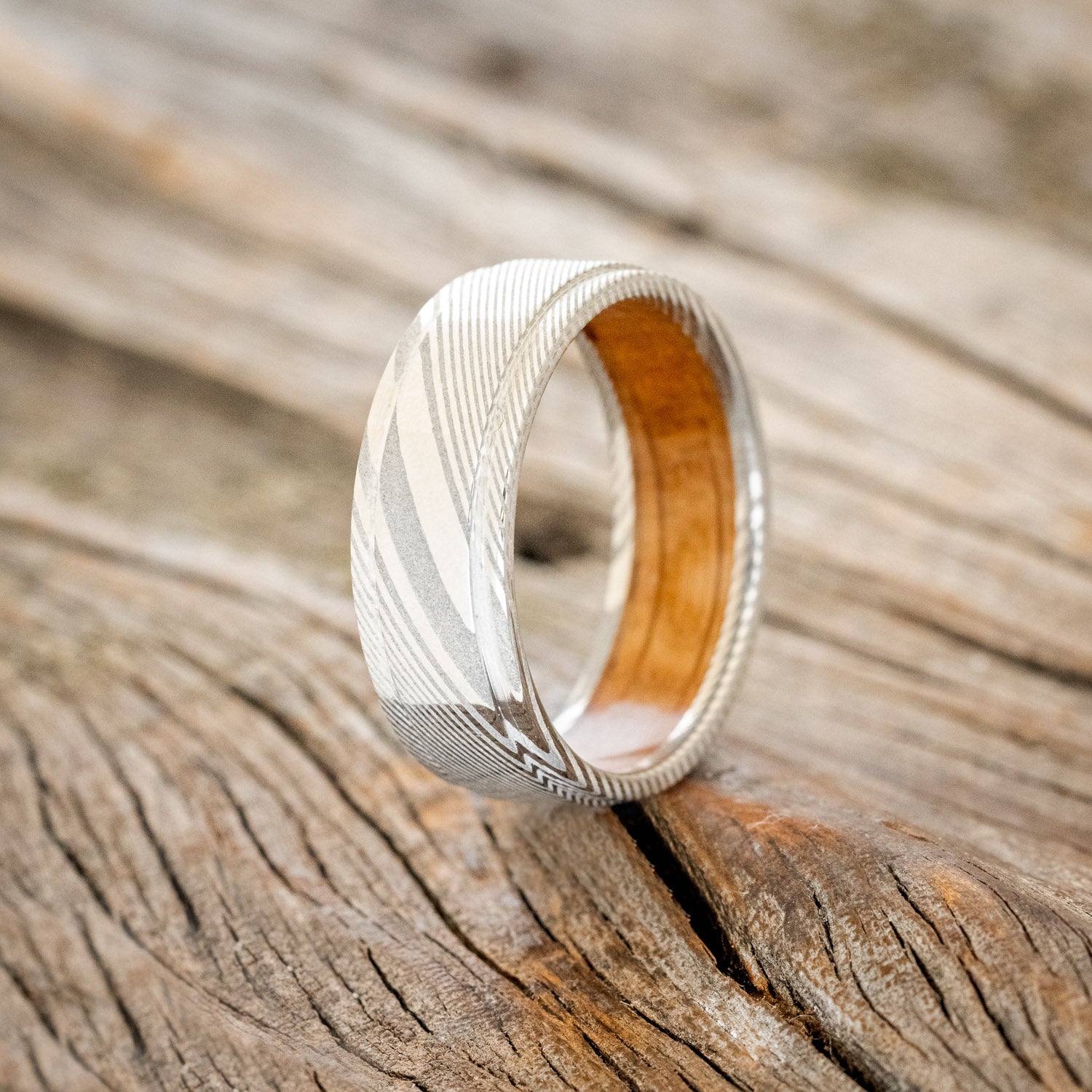"SEDONA" - RAISED CENTER WEDDING BAND WITH WHISKEY BARREL LINING-11