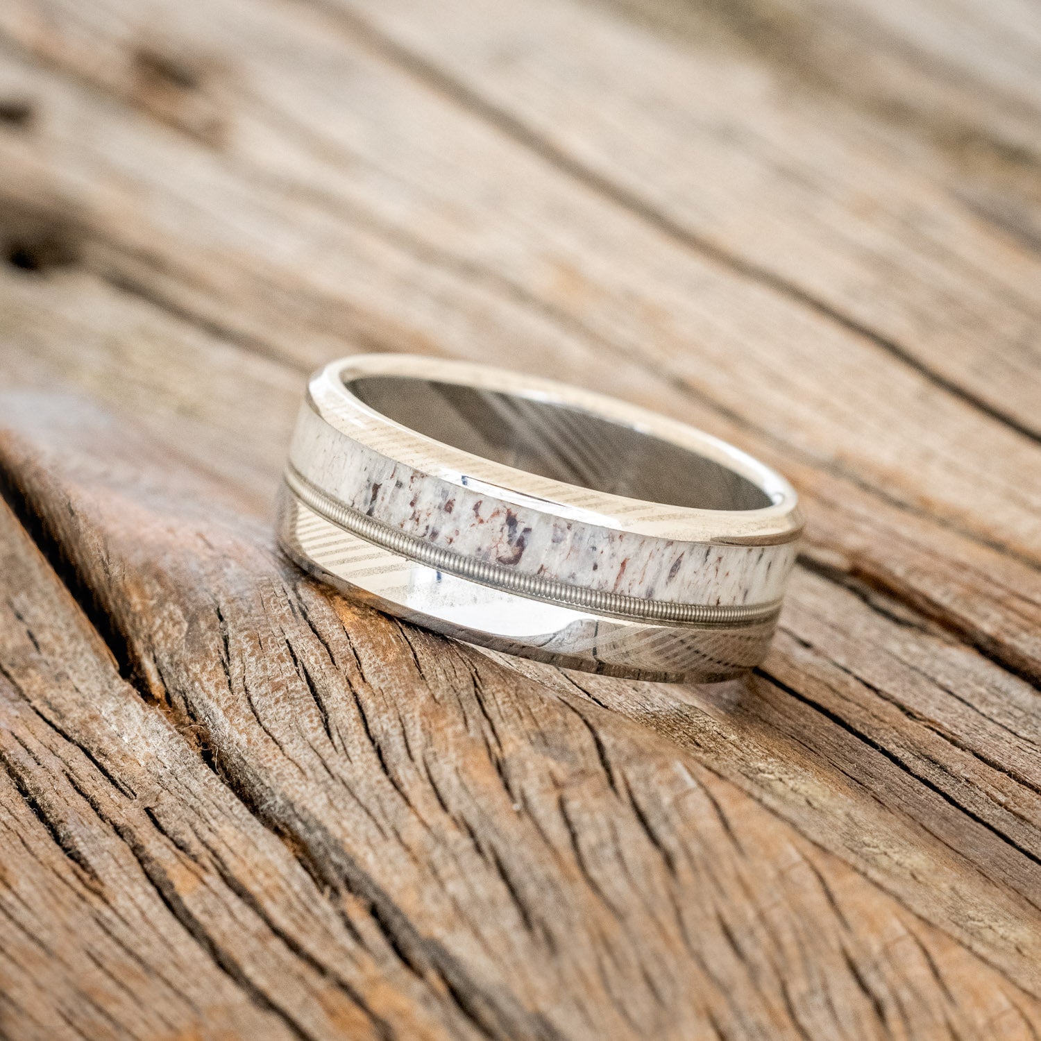 "TANNER" - GUITAR STRING & ANTLER WEDDING BAND-14