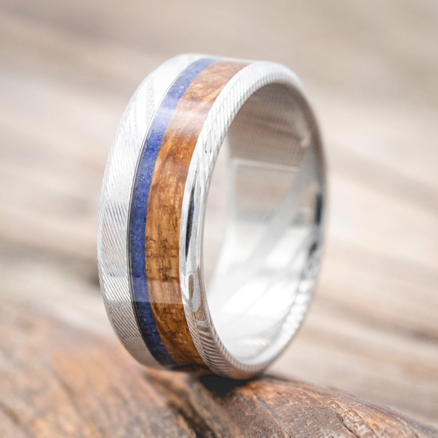 "TANNER" - WHISKEY BARREL OAK & LAPIS LAZULI WEDDING RING - READY TO SHIP-Staghead Designs