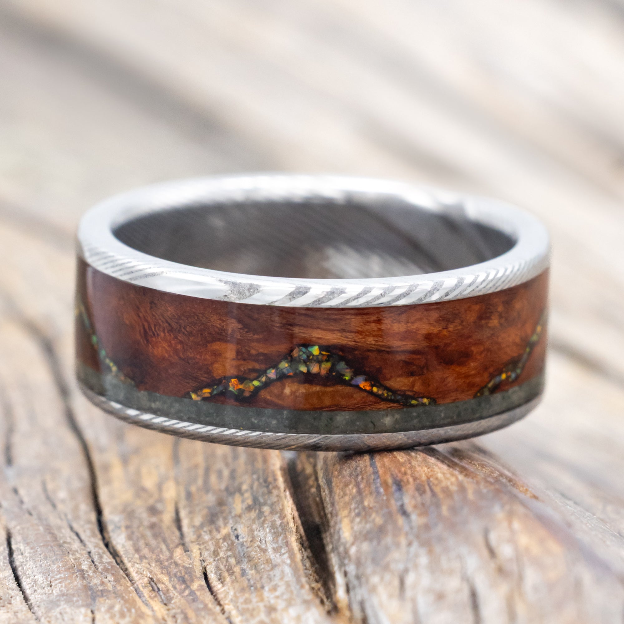 "THE EXPEDITION" - MOUNTAIN ENGRAVED WEDDING RING WITH FIRE & ICE OPAL, ROSEWOOD & MOSS AGATE-Staghead Designs