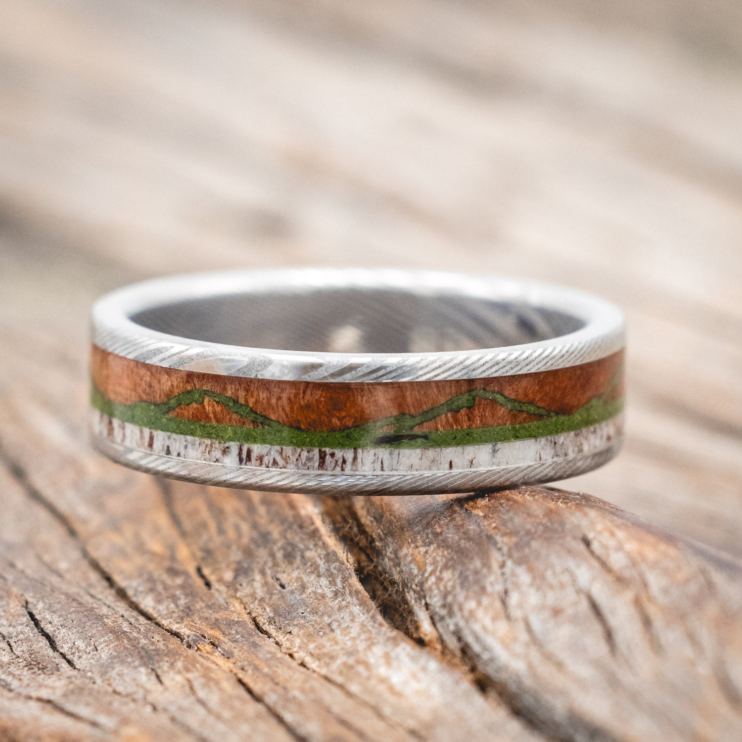 "THE EXPEDITION" - MOUNTAIN ENGRAVED WEDDING RING WITH REDWOOD, MOSS & ANTLER-Staghead Designs