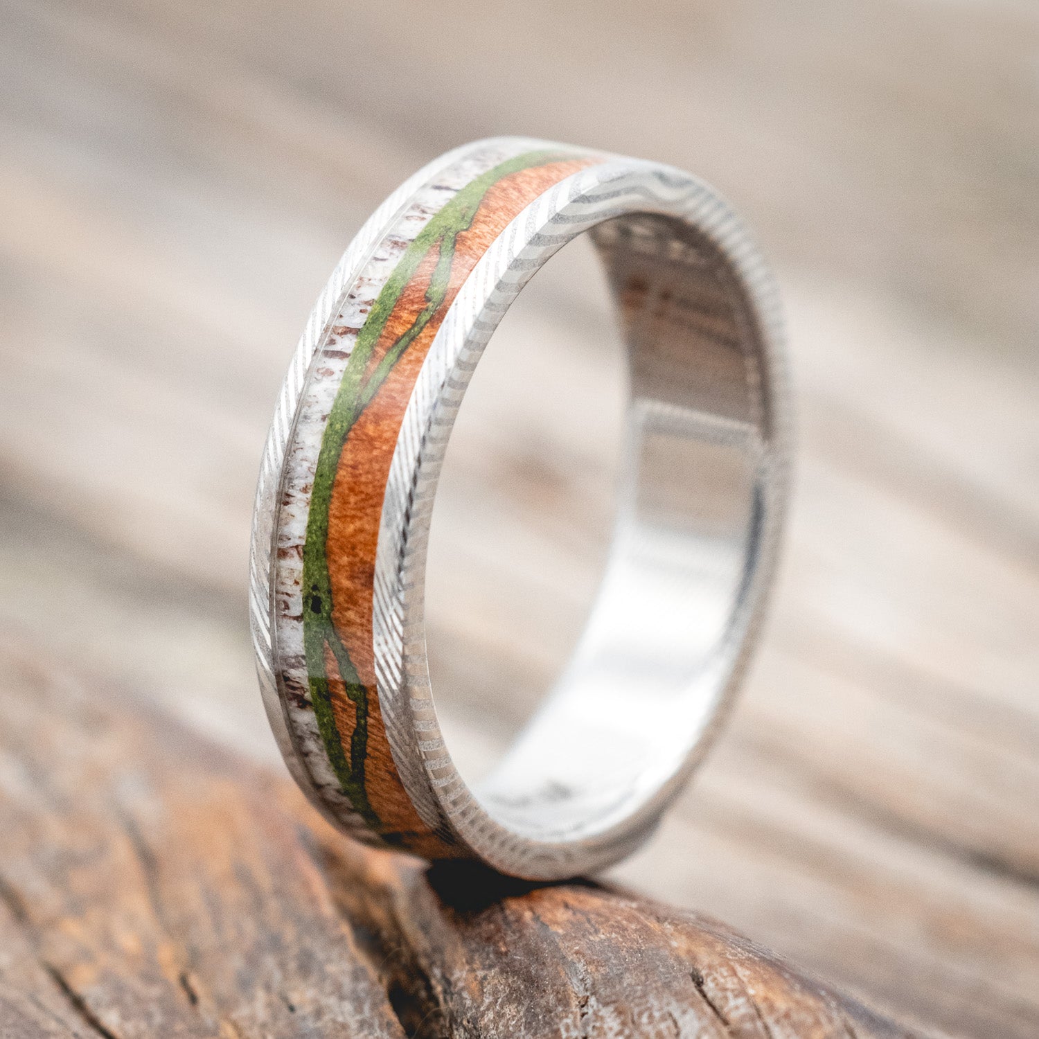"THE EXPEDITION" - MOUNTAIN ENGRAVED WEDDING RING WITH REDWOOD, MOSS & ANTLER-Staghead Designs
