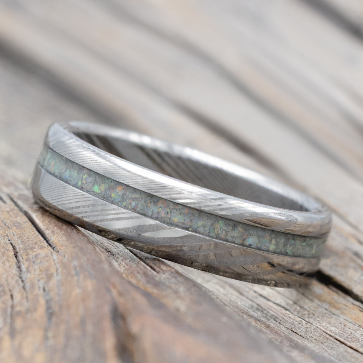 "Vertigo" - Fire & Ice Opal Wedding Band With Custom Finish-Staghead Designs