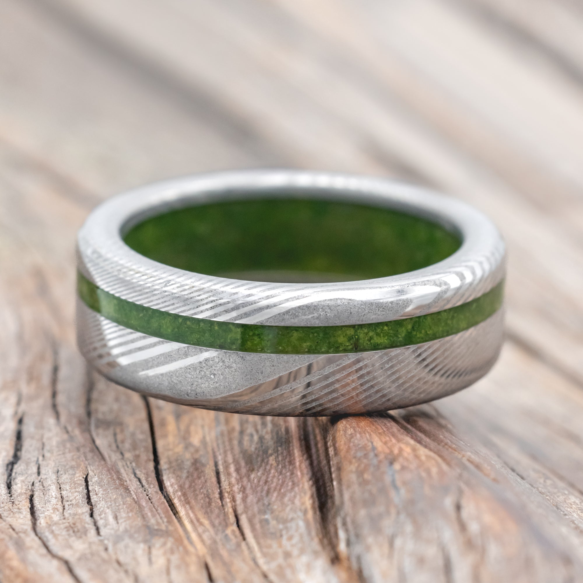 "VERTIGO" - MOSS INLAY & LINING WEDDING RING-Staghead Designs