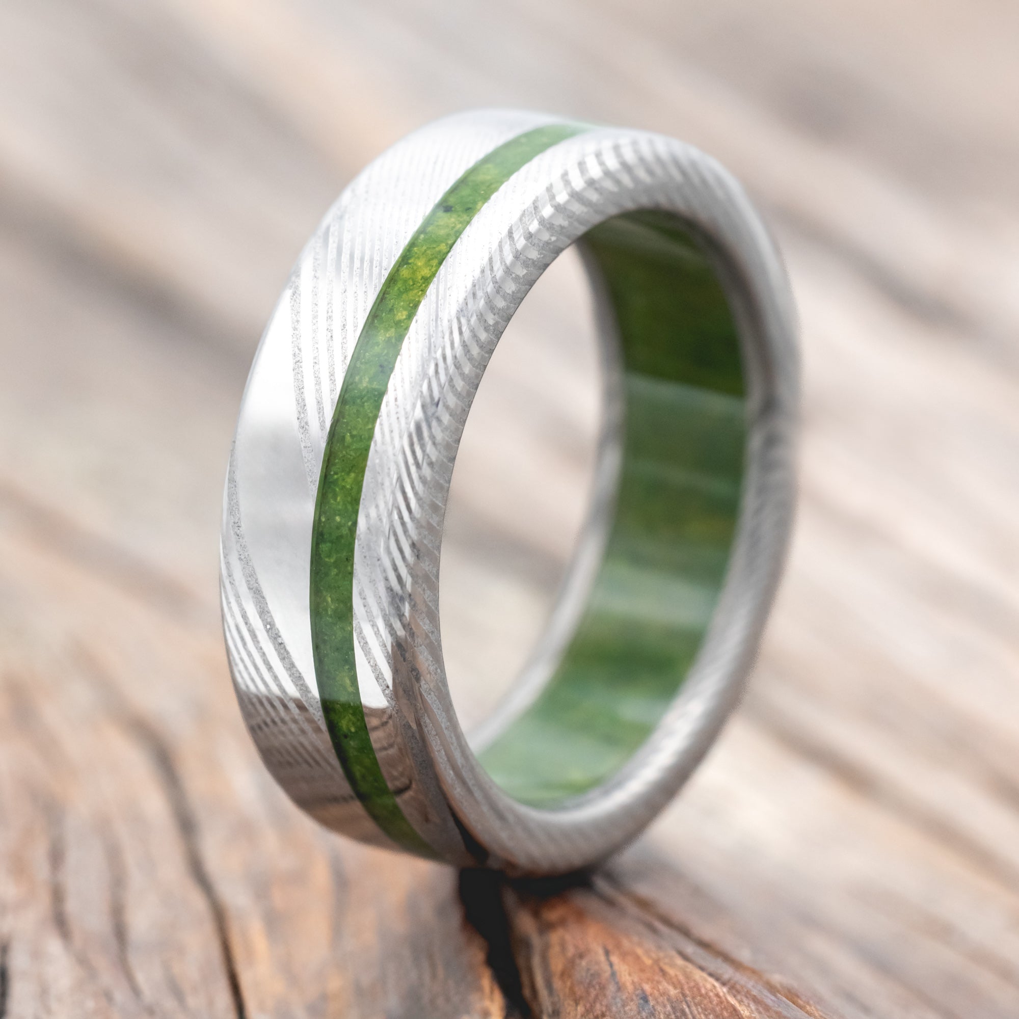 "VERTIGO" - MOSS INLAY & LINING WEDDING RING-Staghead Designs