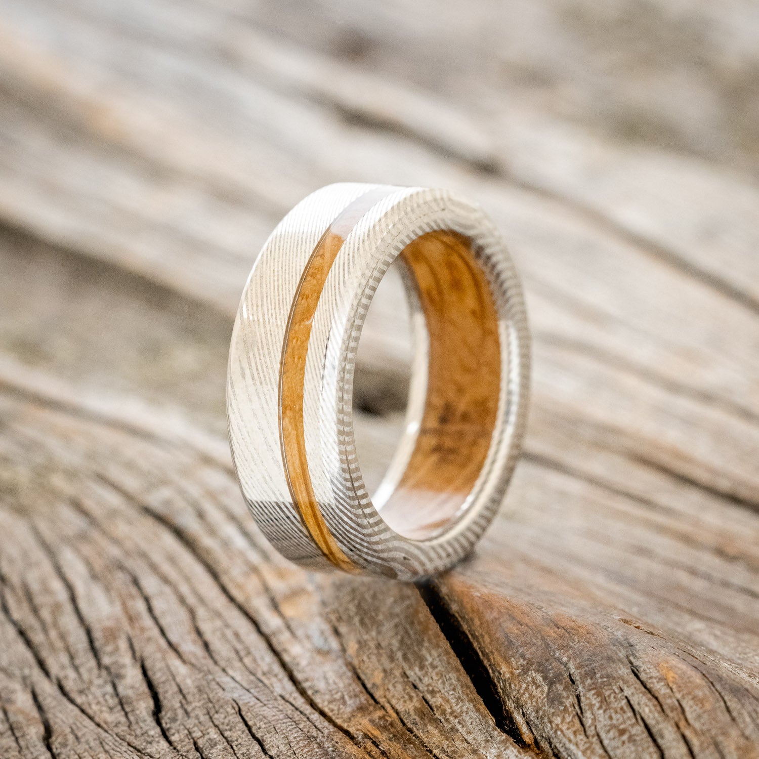 "VERTIGO" - WHISKEY BARREL OAK INLAY & LINING WEDDING RING-7