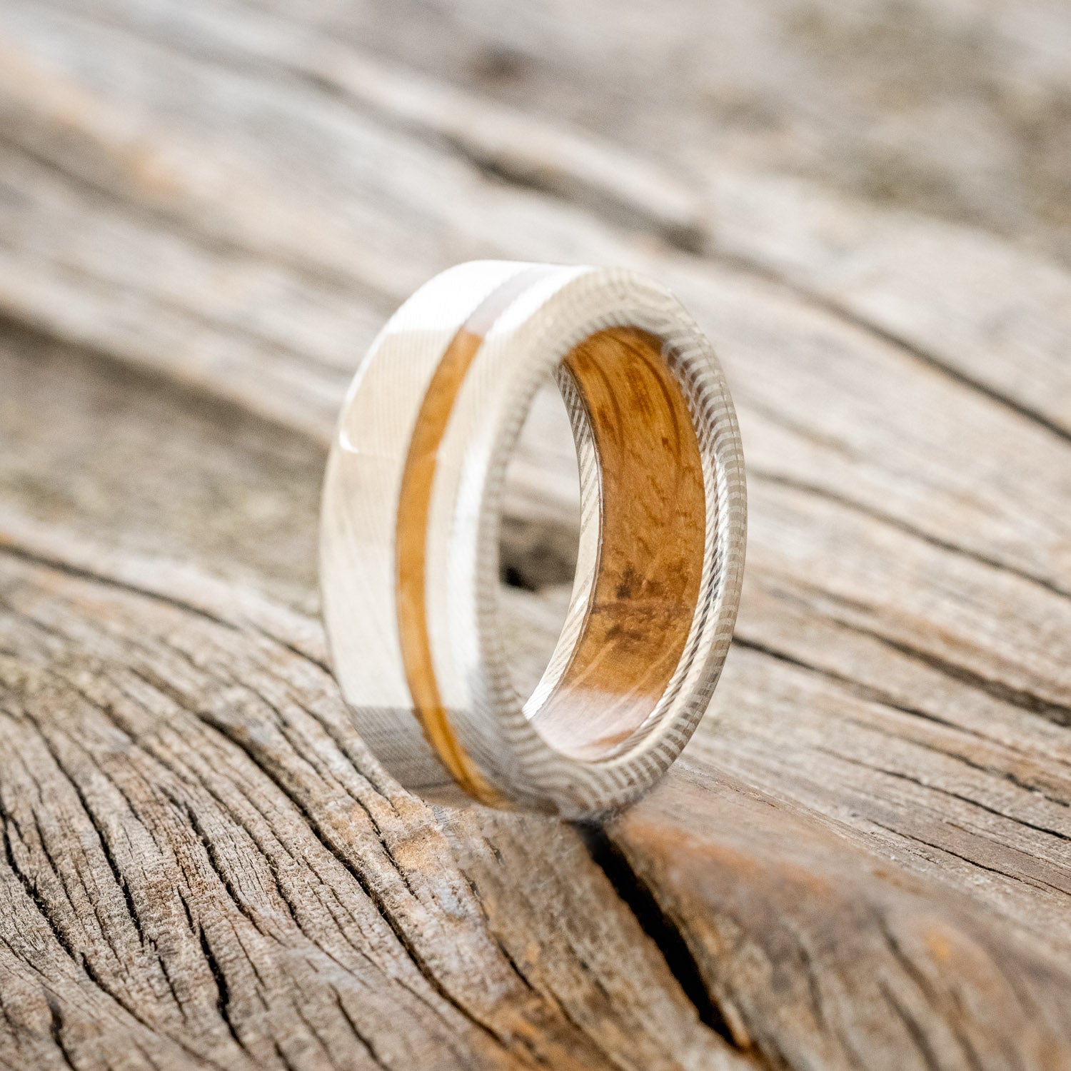 "VERTIGO" - WHISKEY BARREL OAK INLAY & LINING WEDDING RING-10