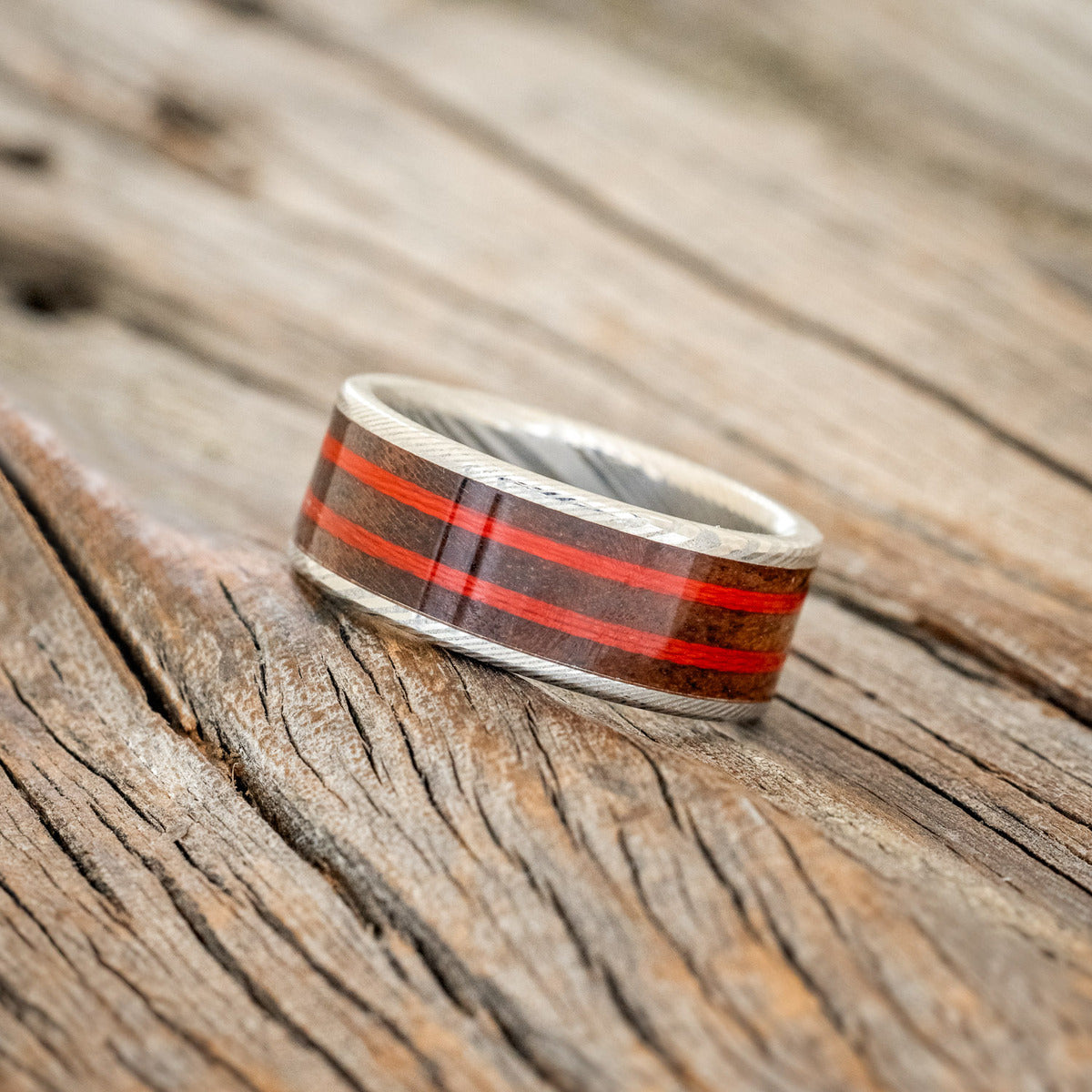 "RAINIER" - WALNUT WOOD & RED FISHING LINE WEDDING BAND-2