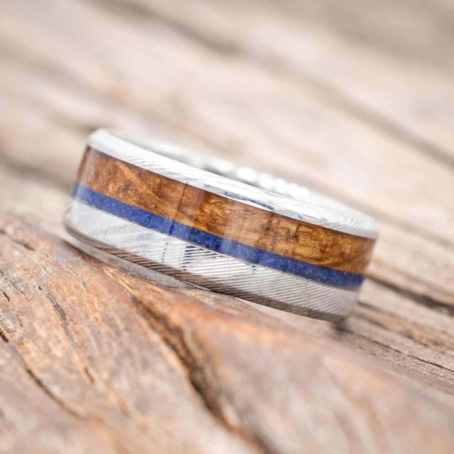 "TANNER" - WHISKEY BARREL OAK & LAPIS LAZULI WEDDING RING-Staghead Designs