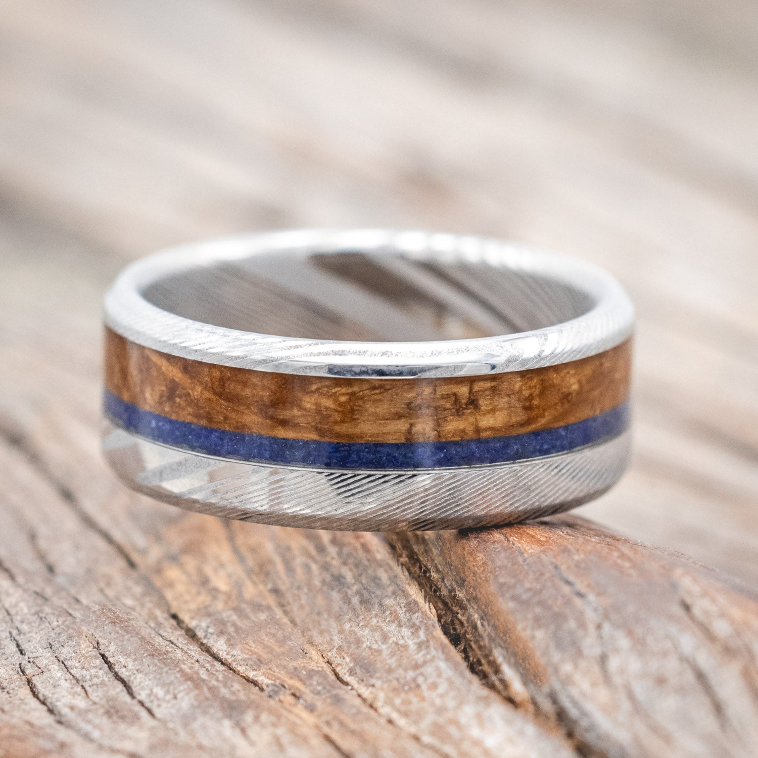 "TANNER" - WHISKEY BARREL OAK & LAPIS LAZULI WEDDING RING-Staghead Designs