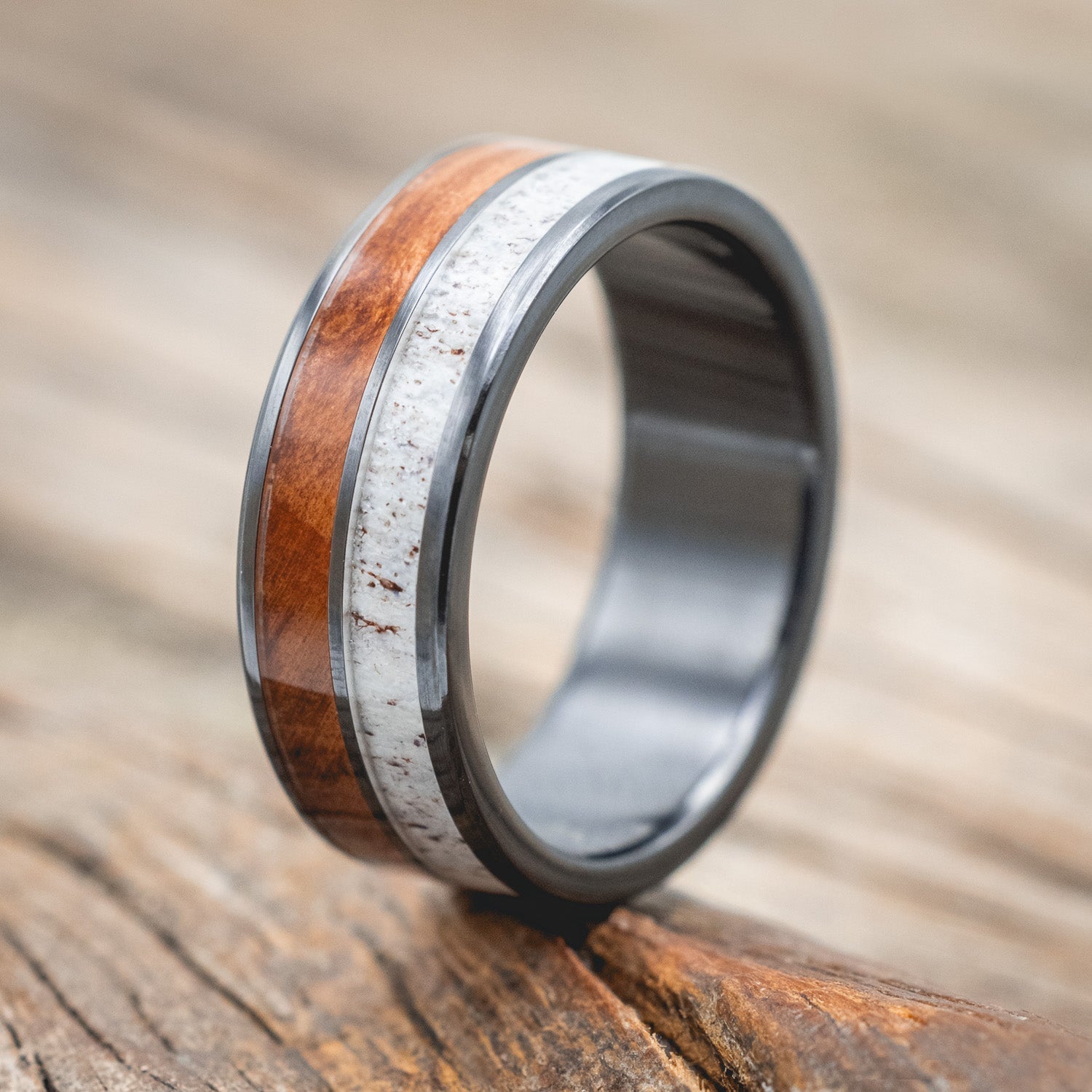 "DYAD" - MATCHING SET OF ANTLER & REDWOOD WEDDING BANDS-Staghead Designs