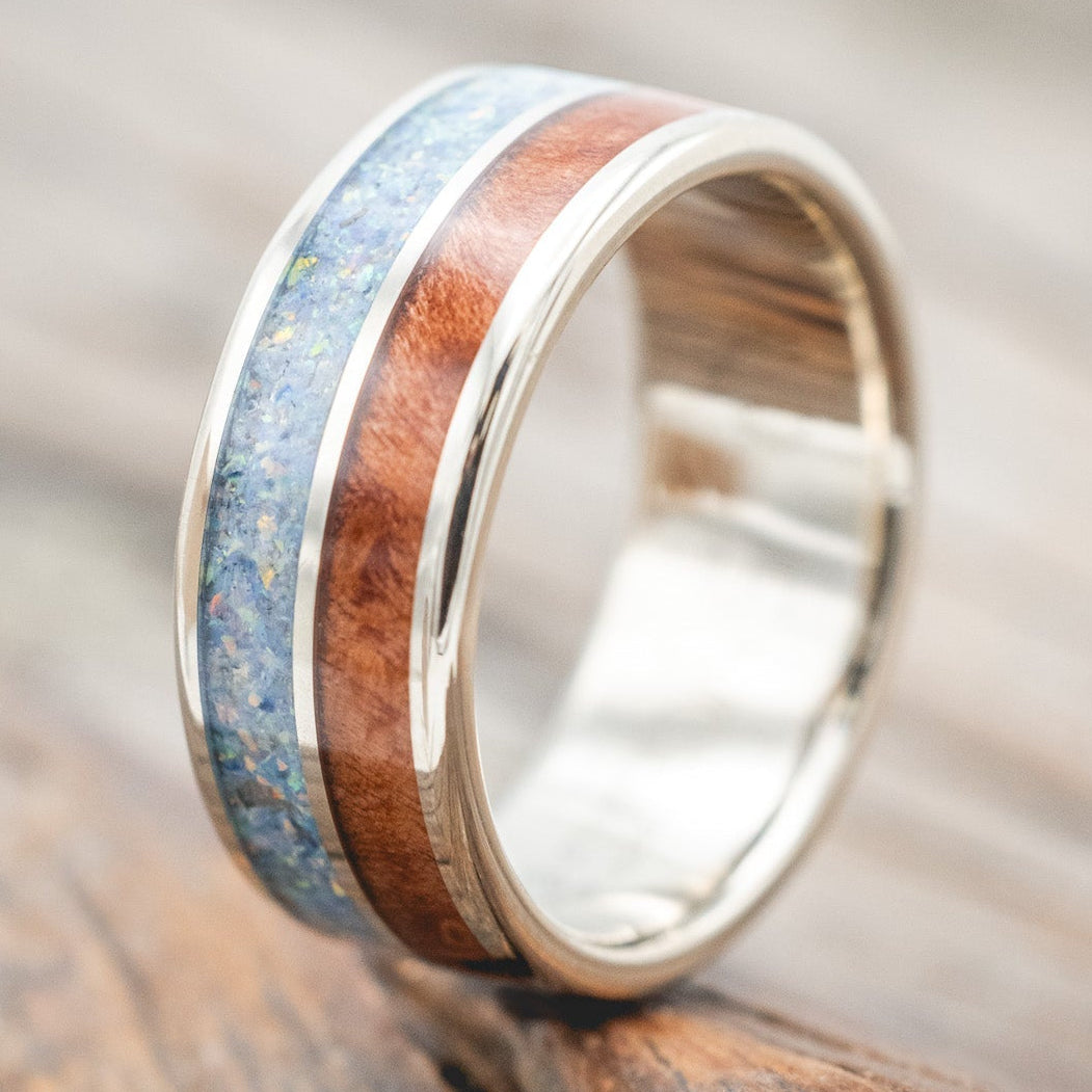 "DYAD" - COTTON CANDY OPAL & REDWOOD WEDDING BAND-Staghead Designs