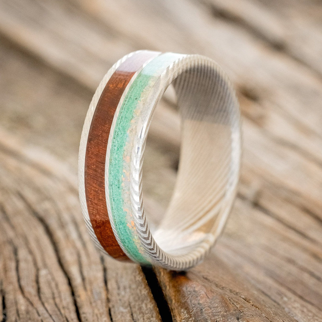 "DYAD" - FIRE AND ICE OPAL & ROSEWOOD WEDDING BAND-1