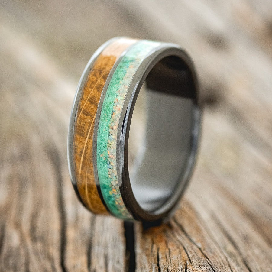 "DYAD" - FIRE & ICE OPAL, MALACHITE, & WHISKEY BARREL OAK WEDDING BAND-1