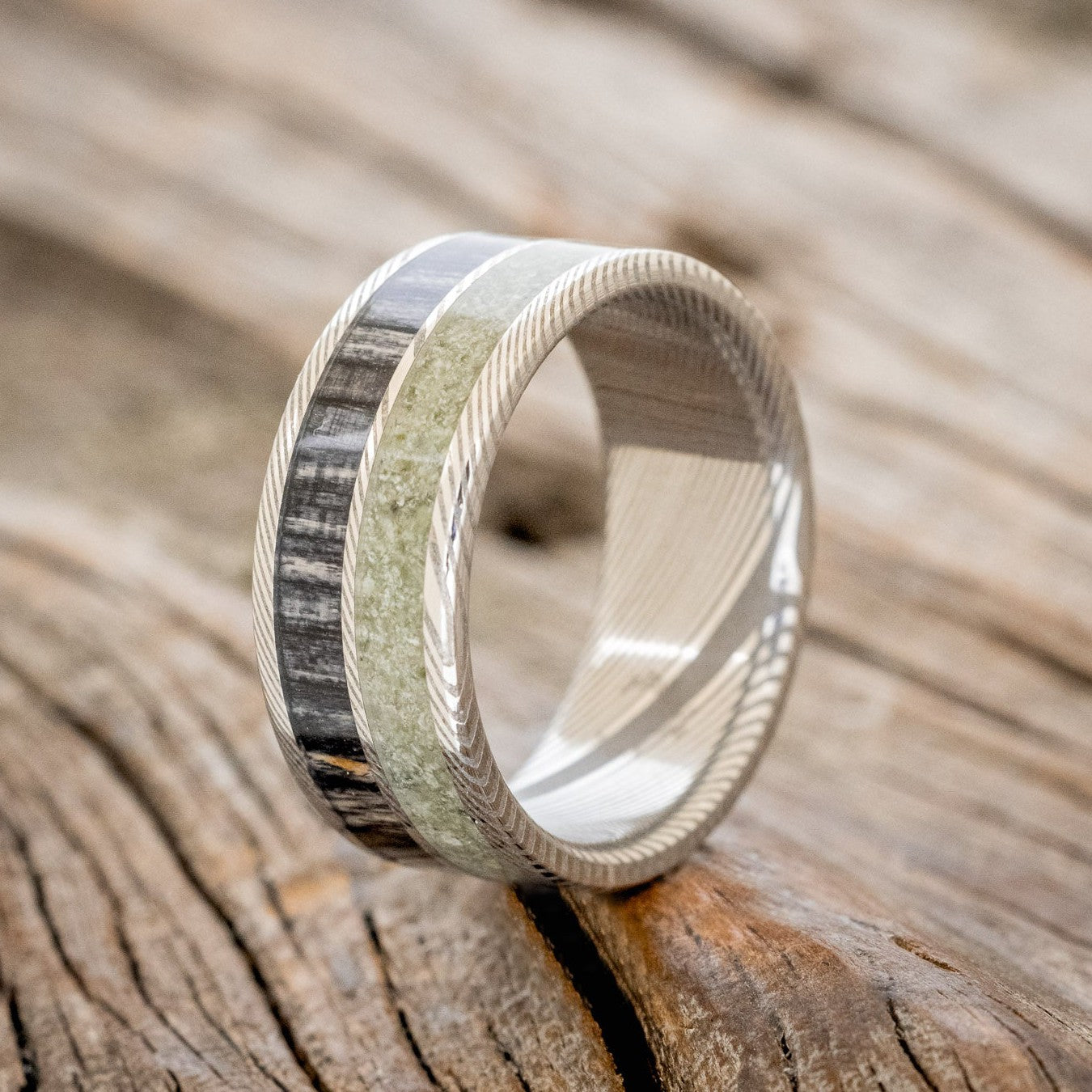 "DYAD" - GREY BIRCH WOOD & MOLDAVITE WEDDING BAND-1