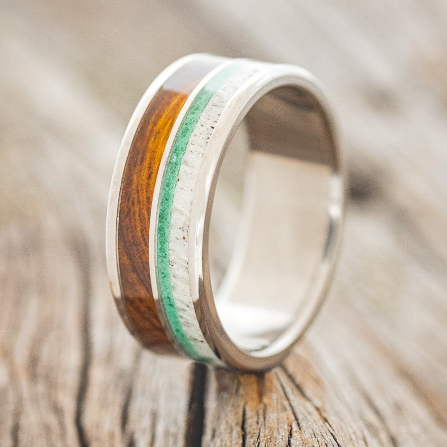 "DYAD" - IRONWOOD, ANTLER & MALACHITE WEDDING BAND-1