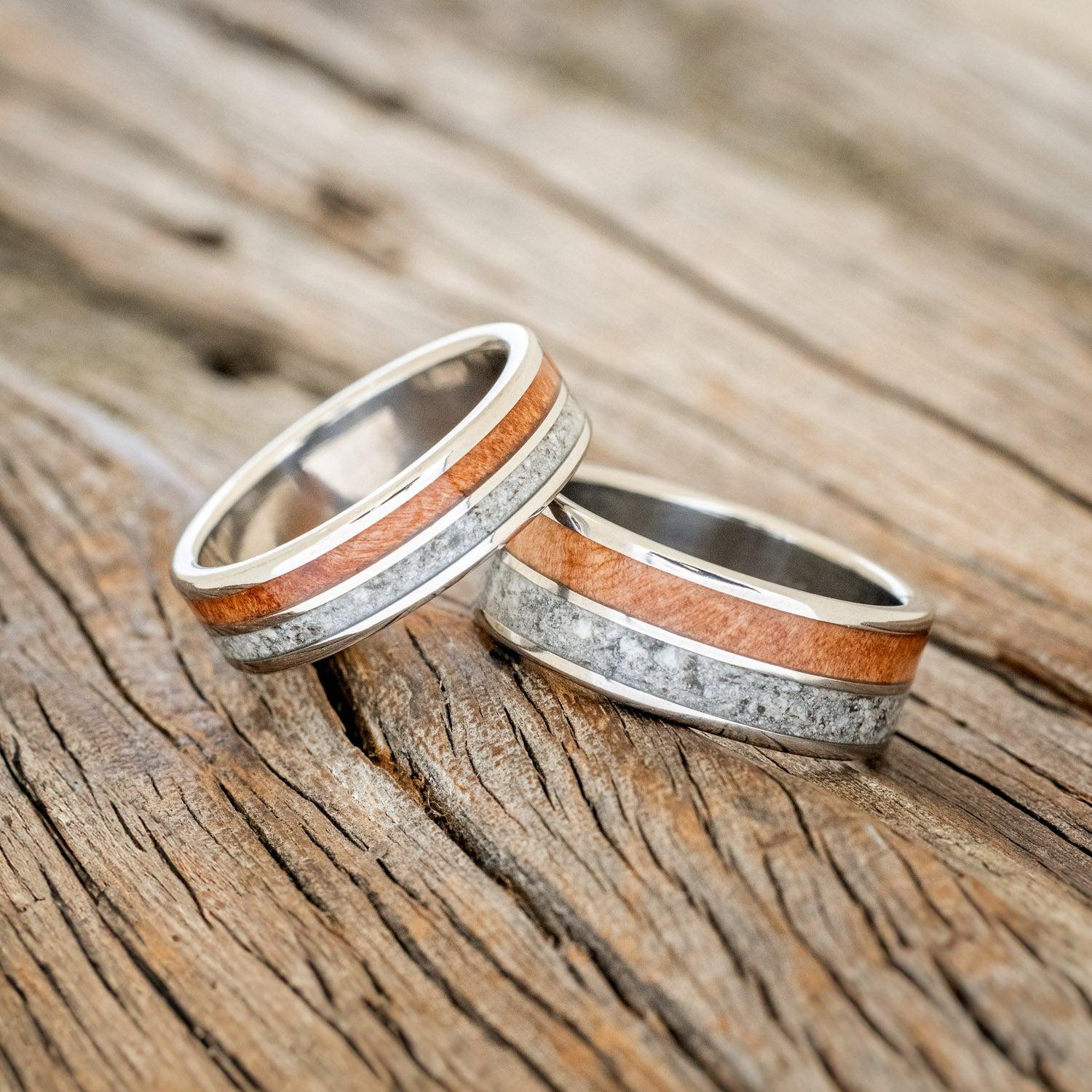 "DYAD" - MATCHING SET OF GRANITE & REDWOOD WEDDING BANDS-1