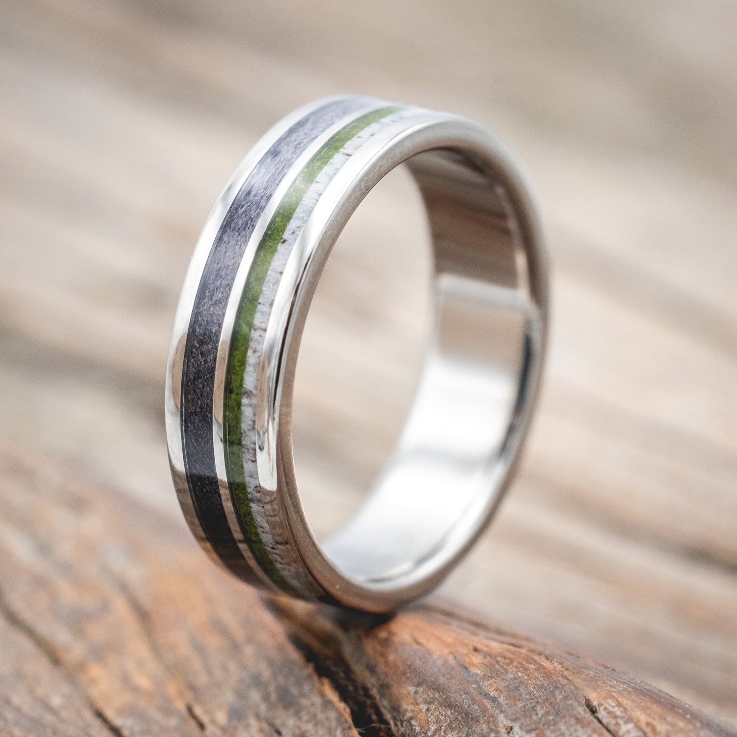 "DYAD" - MOSS, ANTLER & DARK MAPLE WOOD WEDDING BAND-Staghead Designs