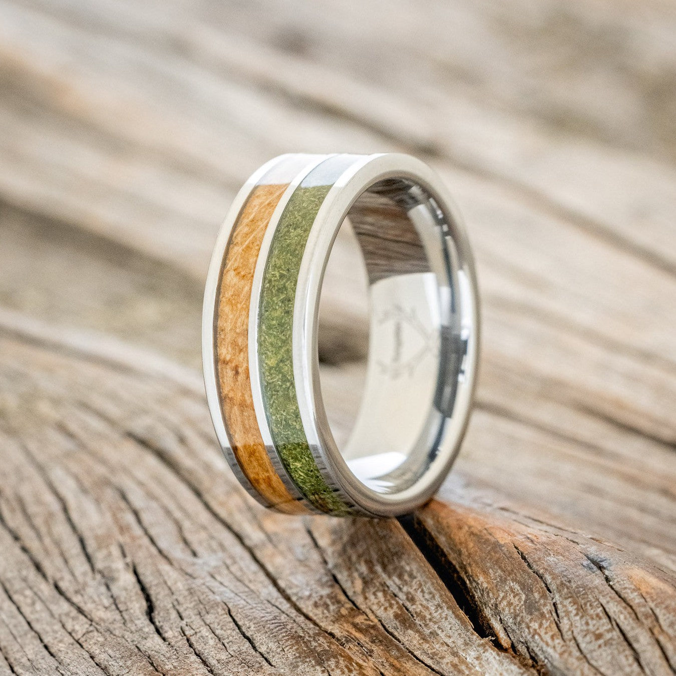 "DYAD" - MOSS & WHISKEY BARREL OAK WEDDING BAND-1