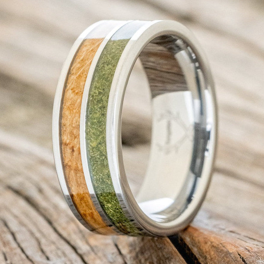 "DYAD" - MOSS & WHISKEY BARREL OAK WEDDING BAND-1