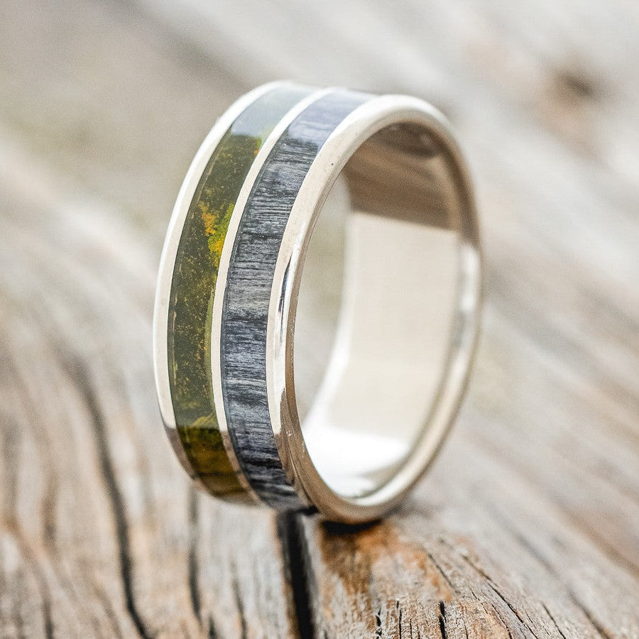 "DYAD" - MOSSY PATINA COPPER & GREY BIRCH WOOD WEDDING BAND-1