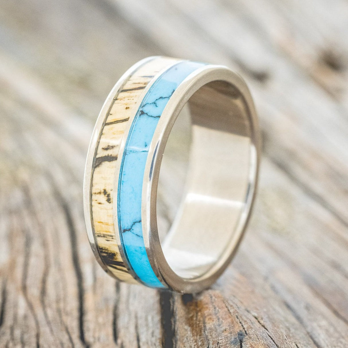 "DYAD" - SPALTED MAPLE WOOD & TURQUOISE WITH BLACK MATRIX TRUSTONE WEDDING BAND-1