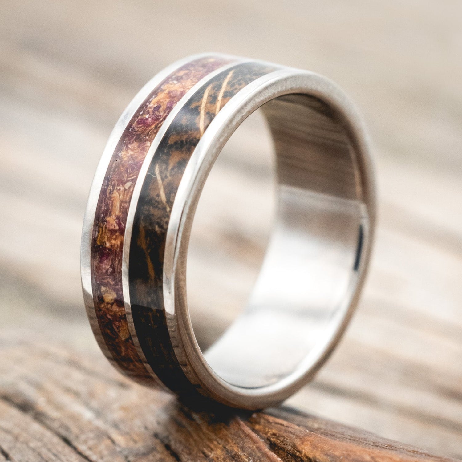 "DYAD" - TATTOO INK, ROSE PETALS & WHISKEY BARREL OAK WEDDING BAND-Staghead Designs