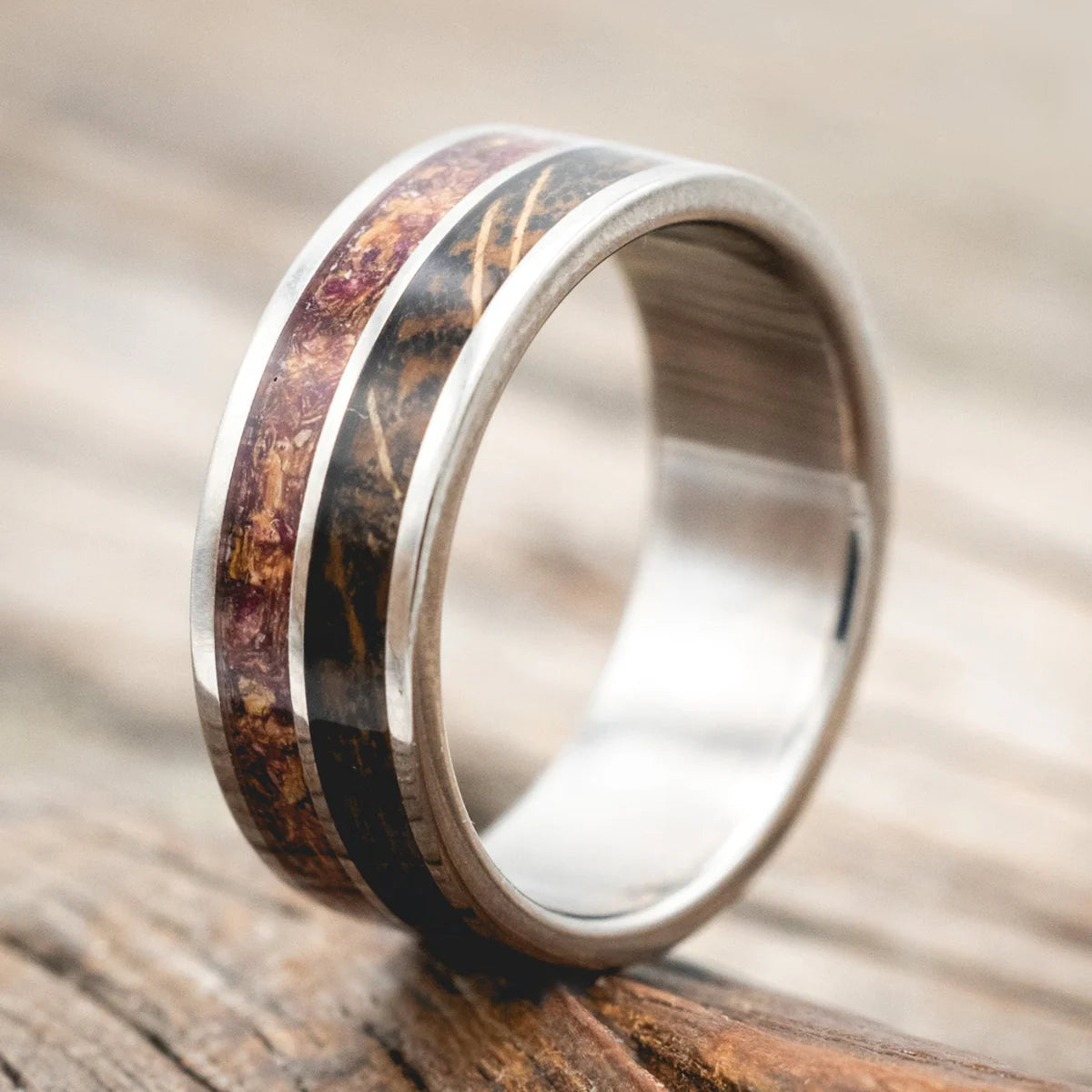 "Dyad" - Tattoo Ink, Rose Petals & Whiskey Barrel Oak Wedding Band - Titanium (8mm) - Size 10