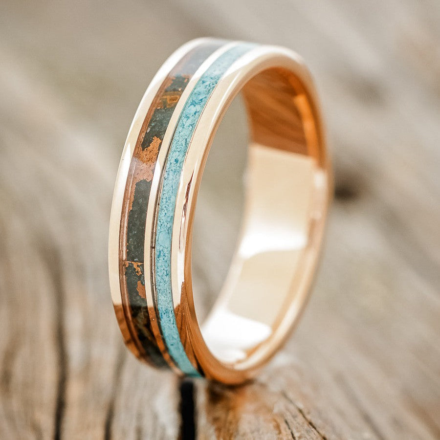 "DYAD" - TURQUOISE & PATINA COPPER WEDDING RING FEATURING A 14K GOLD BAND-1