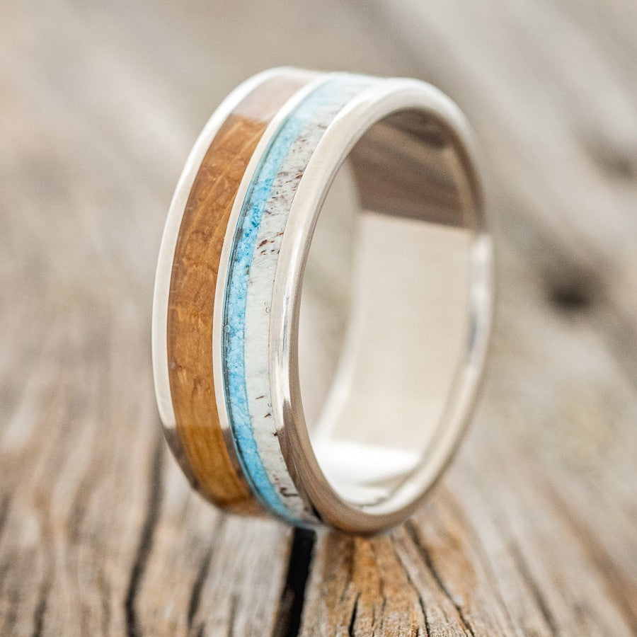 "DYAD" - WHISKEY BARREL, ANTLER, & TURQUOISE WEDDING BAND-1
