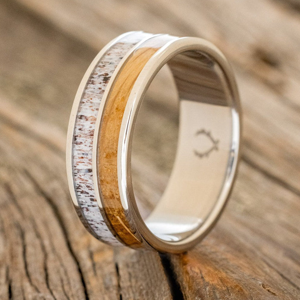 "DYAD" - WHISKEY BARREL OAK & ANTLER WEDDING BAND-1