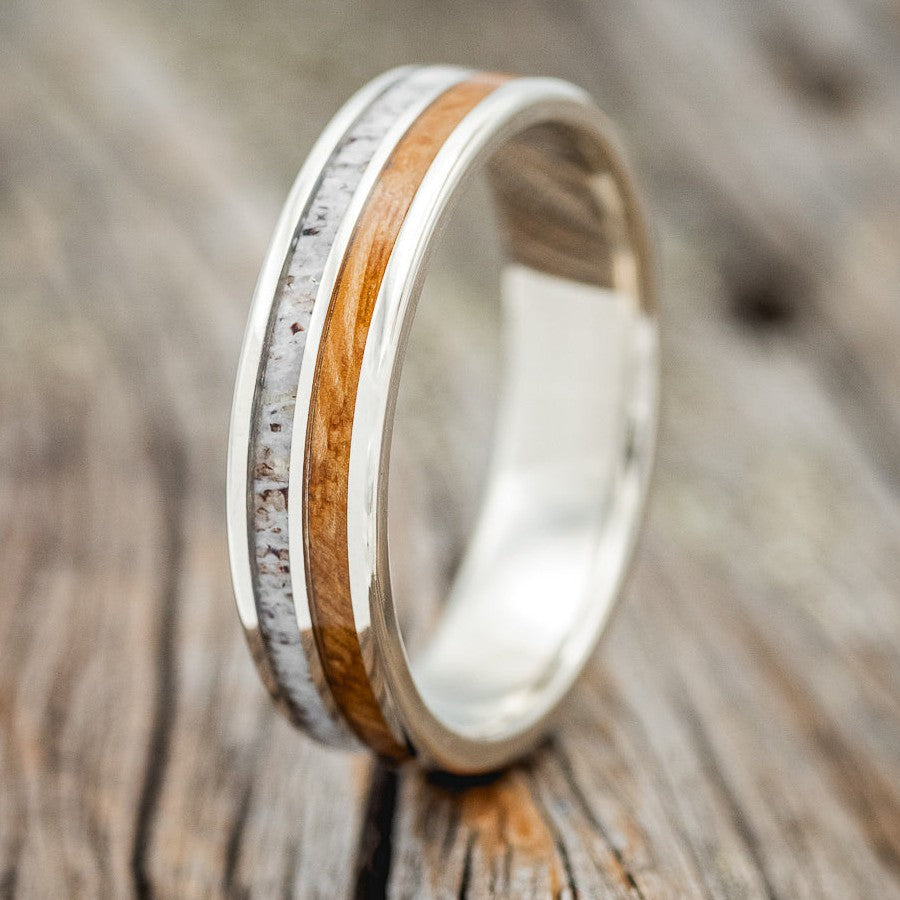 "DYAD" - WHISKEY BARREL OAK & ANTLER WEDDING RING FEATURING A 14K GOLD BAND-1