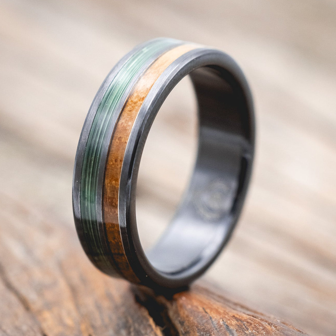 "DYAD" - WHISKEY BARREL OAK & CLEAR GREEN FISHING LINE INLAY WEDDING BAND IN A BRUSHED FINISH-Staghead Designs