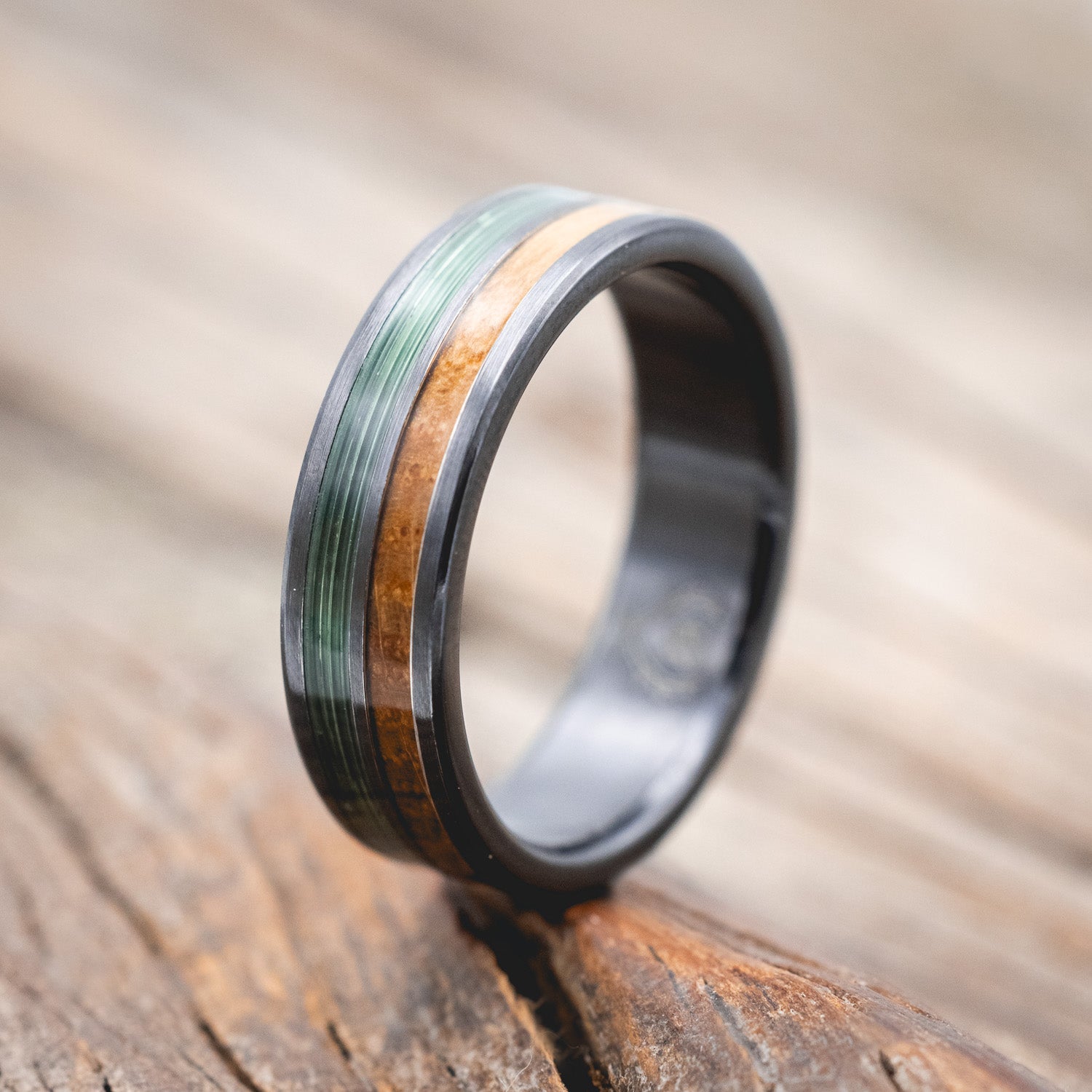 "DYAD" - WHISKEY BARREL OAK & CLEAR GREEN FISHING LINE INLAY WEDDING BAND IN A BRUSHED FINISH-Staghead Designs