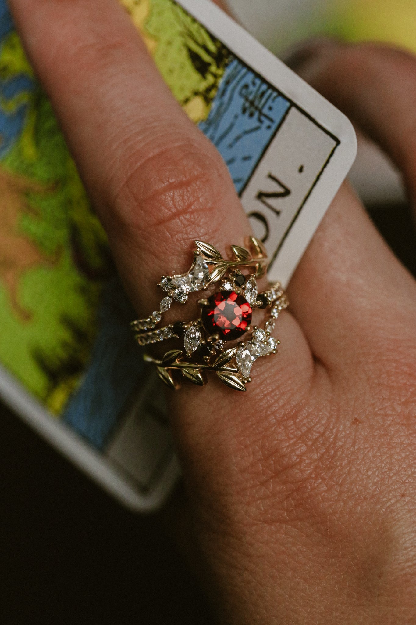 "DEMETER" - BRIDAL SUITE - ROUND GARNET ENGAGEMENT RING WITH BLACK & WHITE DIAMOND ACCENTS & TWO DIAMOND TRACERS WITH CRESCENT MOON ACCENTS-Staghead Designs